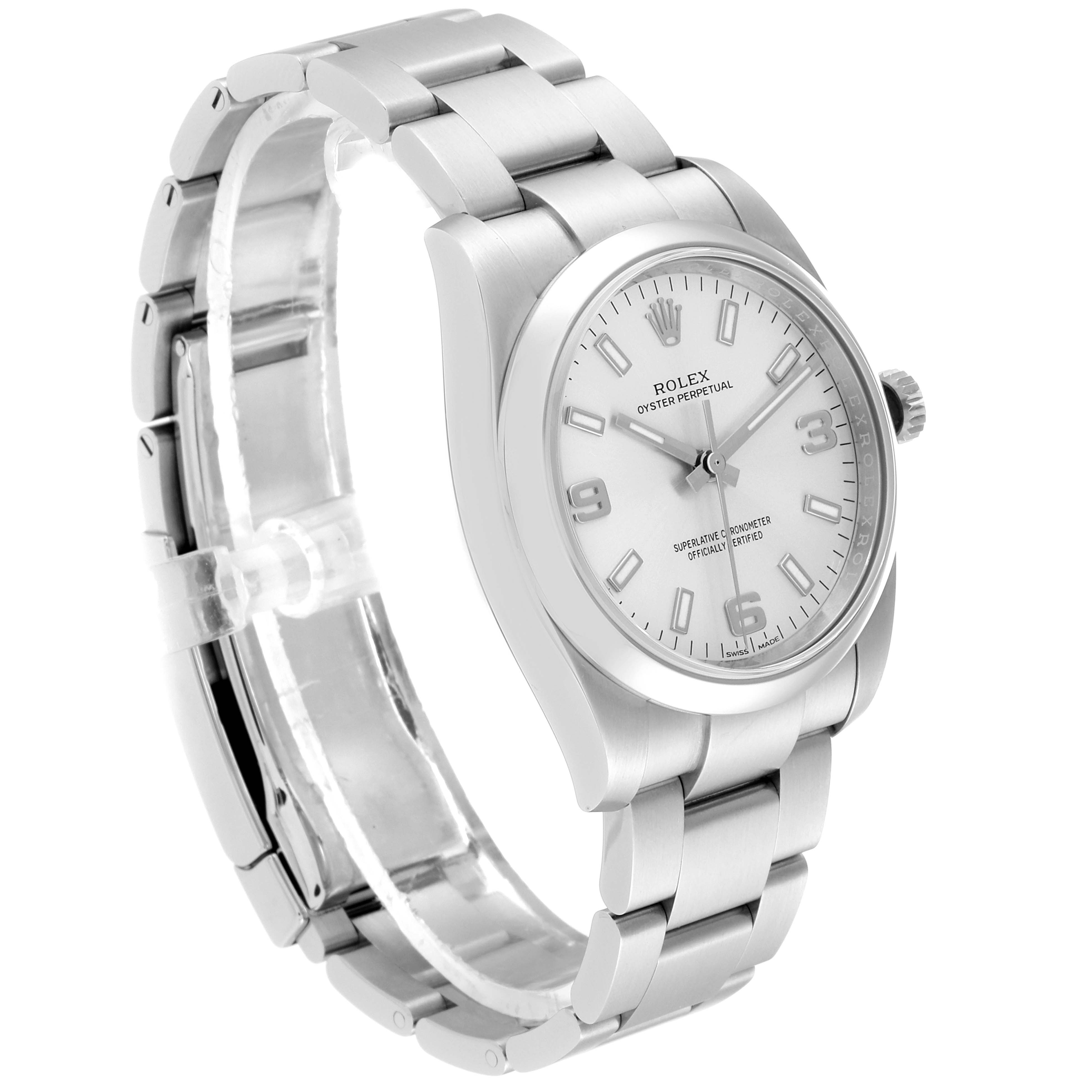 The image shows a Rolex Oyster Perpetual 114200 Men's Stainless Steel Silver Dial 114200 Men's Stainless Steel Silver Dial watch angled to display the face, bezel, and bracelet.