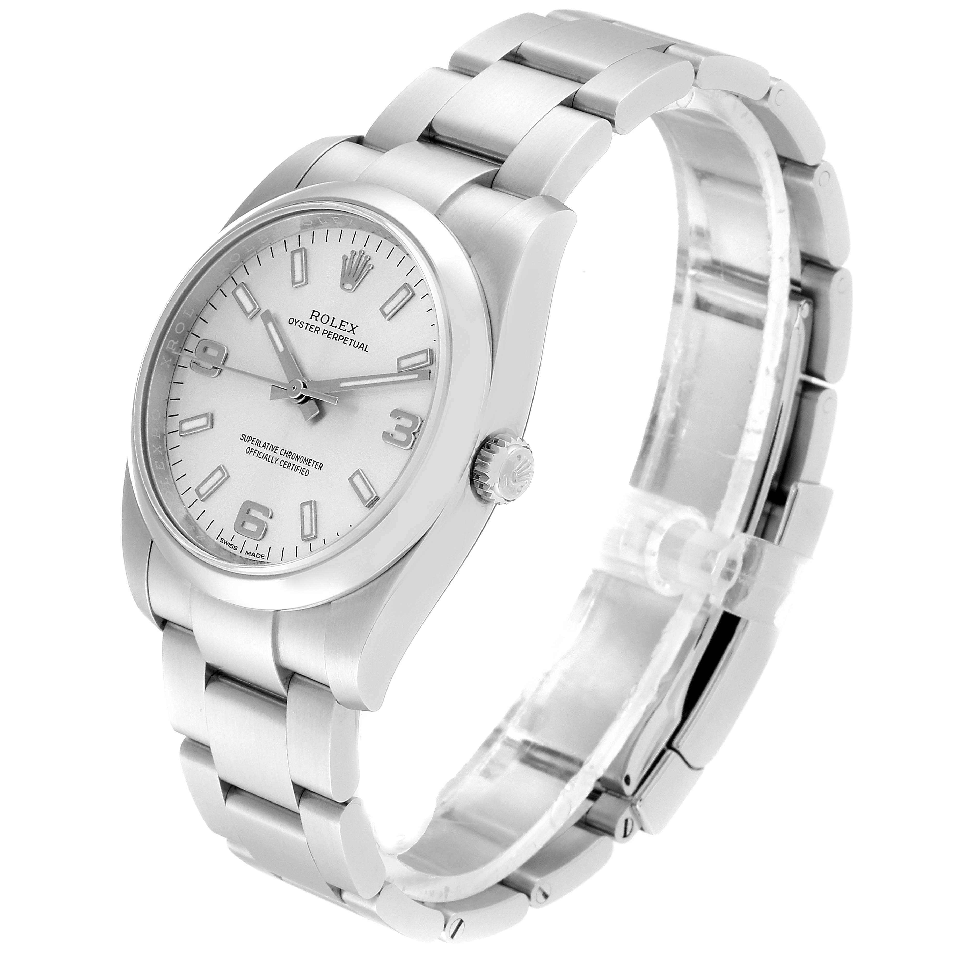 The image shows a Rolex Oyster Perpetual 114200 Men's Stainless Steel Silver Dial 114200 Men's Stainless Steel Silver Dial watch from a right side angle, highlighting its bracelet, dial, and crown.