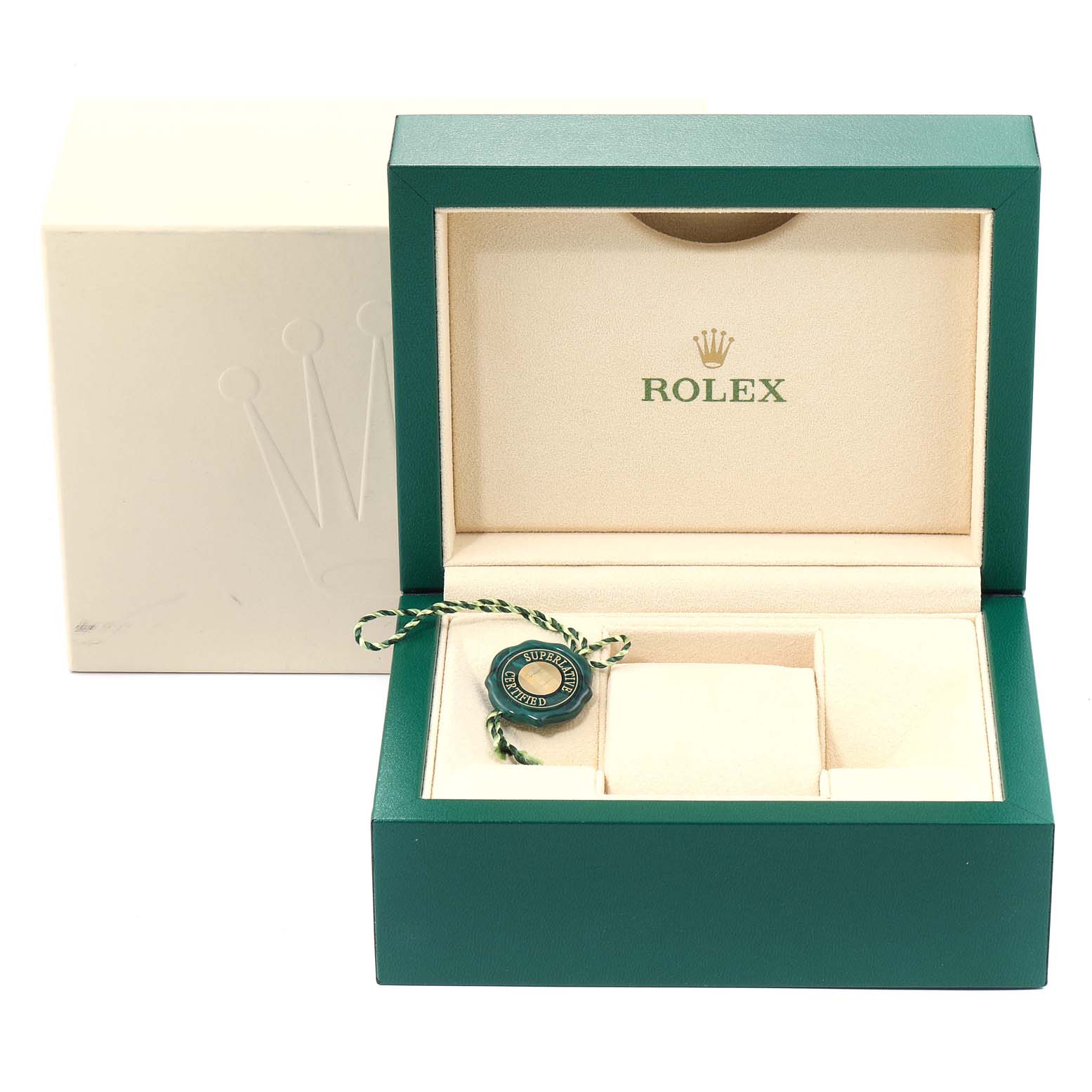 The image shows an open Rolex Oyster Perpetual 114200 Men's Stainless Steel Silver Dial 114200 Men's Stainless Steel Silver Dial watch box with its compartments and tag.