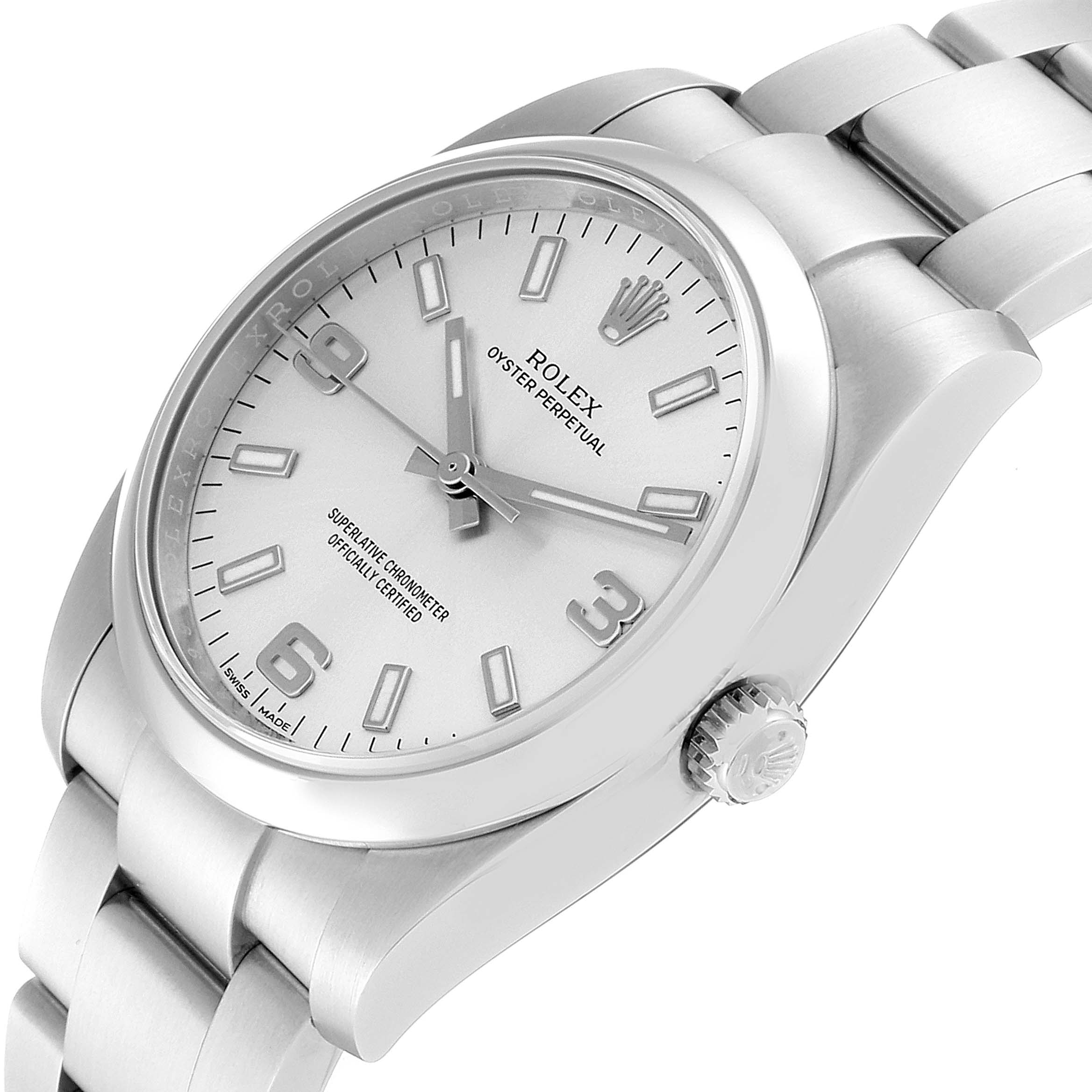 This image shows a side angle of the Rolex Oyster Perpetual 114200 Men's Stainless Steel Silver Dial 114200 Men's Stainless Steel Silver Dial watch, highlighting its face, bezel, and part of the bracelet.