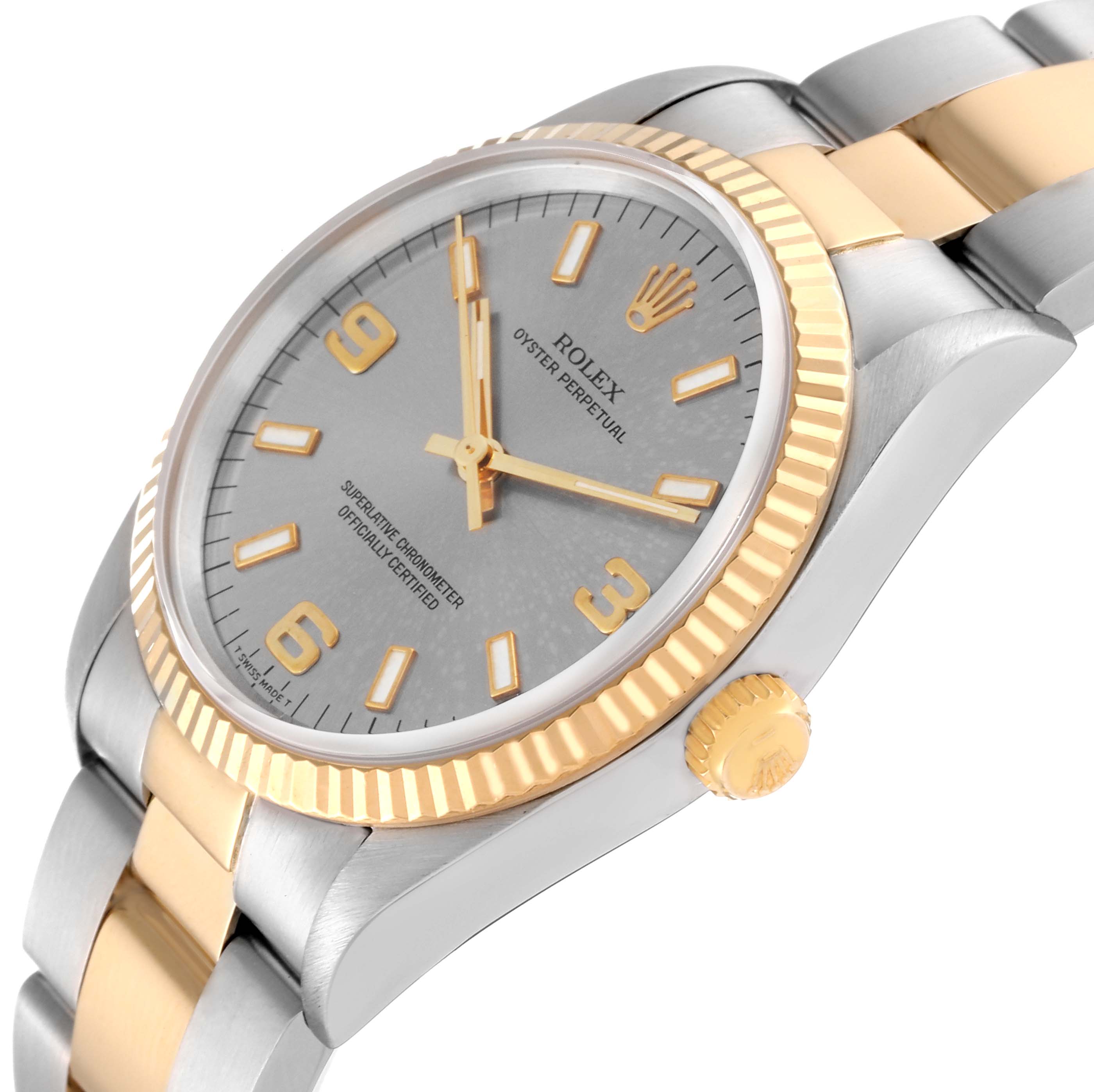 The image shows a close-up view of the Rolex Oyster Perpetual 14233 Men's Steel and Gold (two tone) Silver Dial 14233 Men's Steel and Gold (two tone) Silver Dial watch, highlighting the dial, bezel, crown, and part of the bracelet.