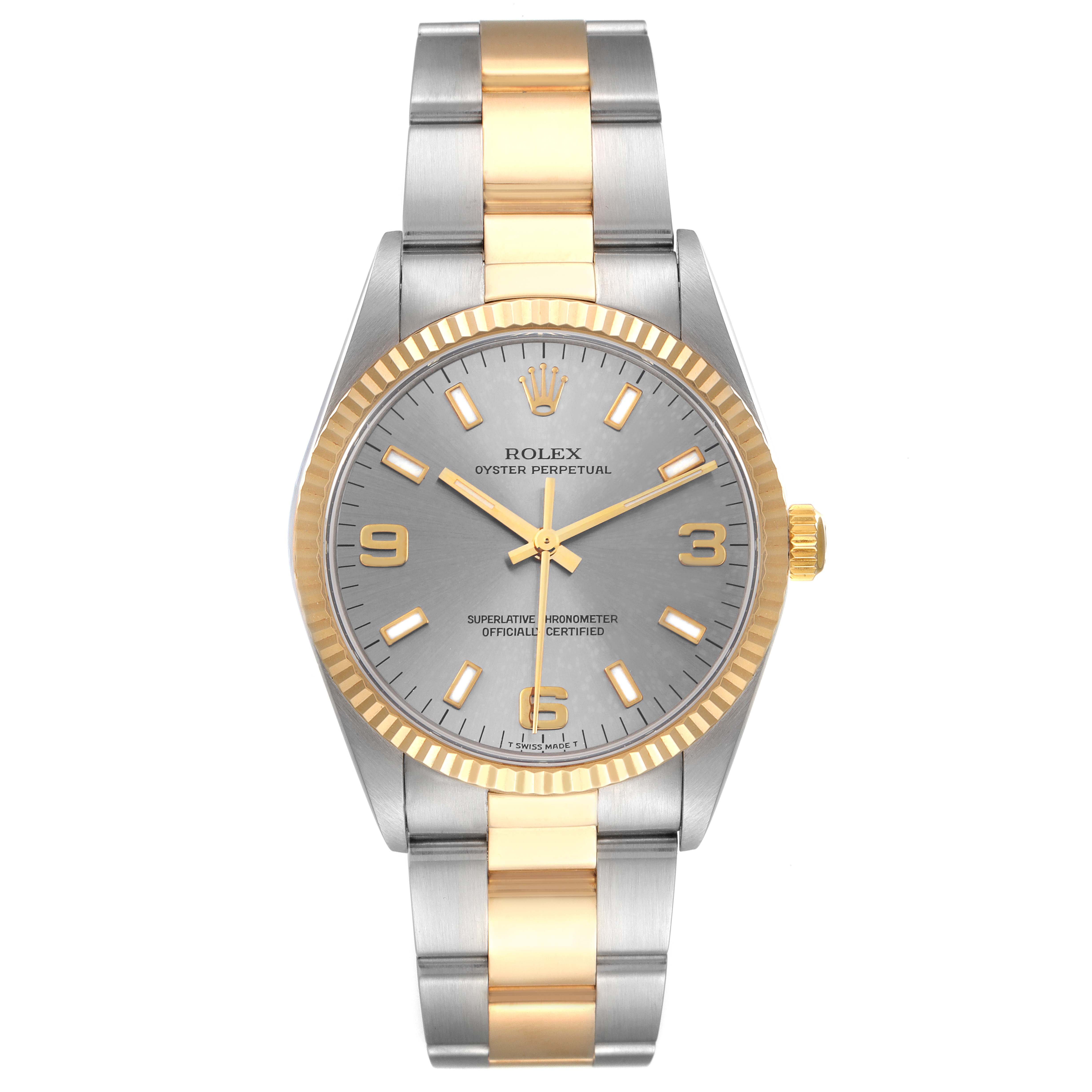 The image shows a front view of a Rolex Oyster Perpetual 14233 Men's Steel and Gold (two tone) Silver Dial 14233 Men's Steel and Gold (two tone) Silver Dial watch displaying the face and bracelet.