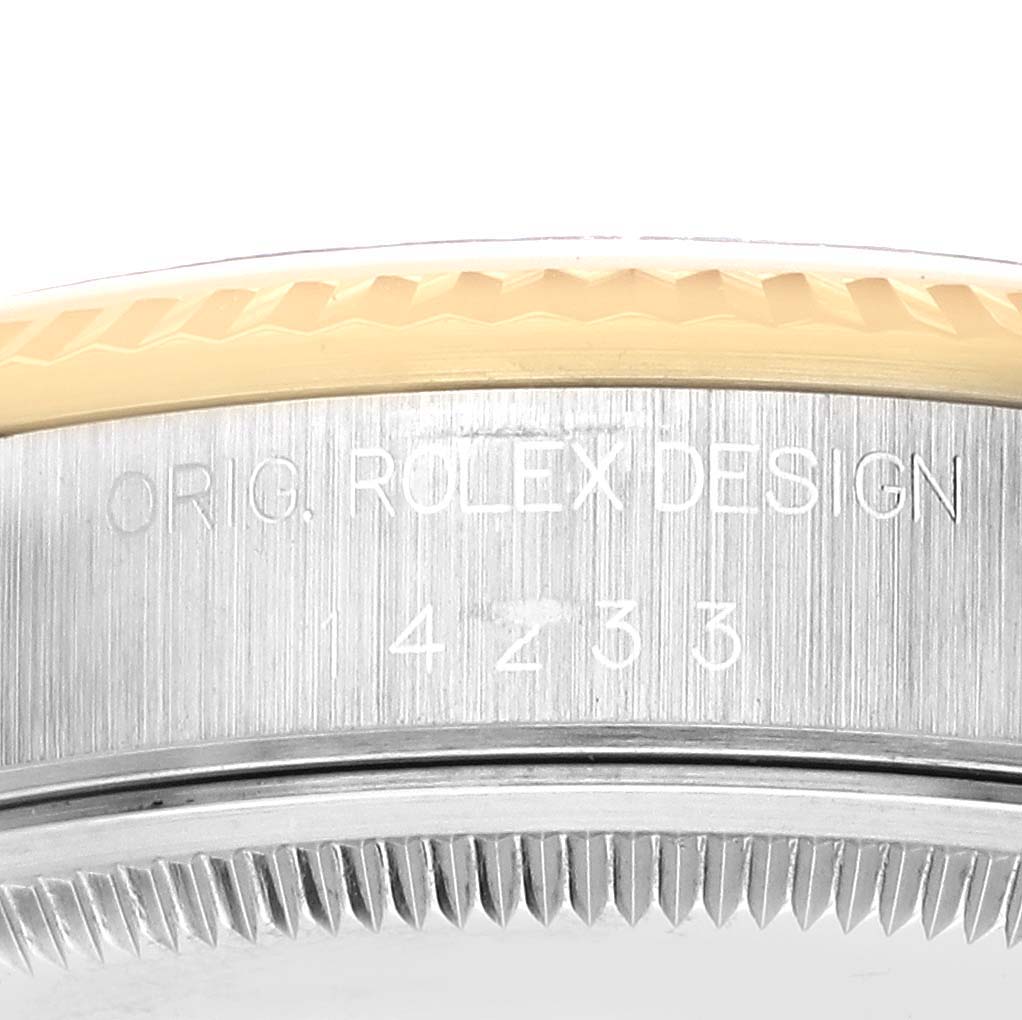 The image shows a close-up of the side of an Oyster Perpetual Rolex watch case, highlighting the "ORIG. ROLEX DESIGN" and model number engraving.