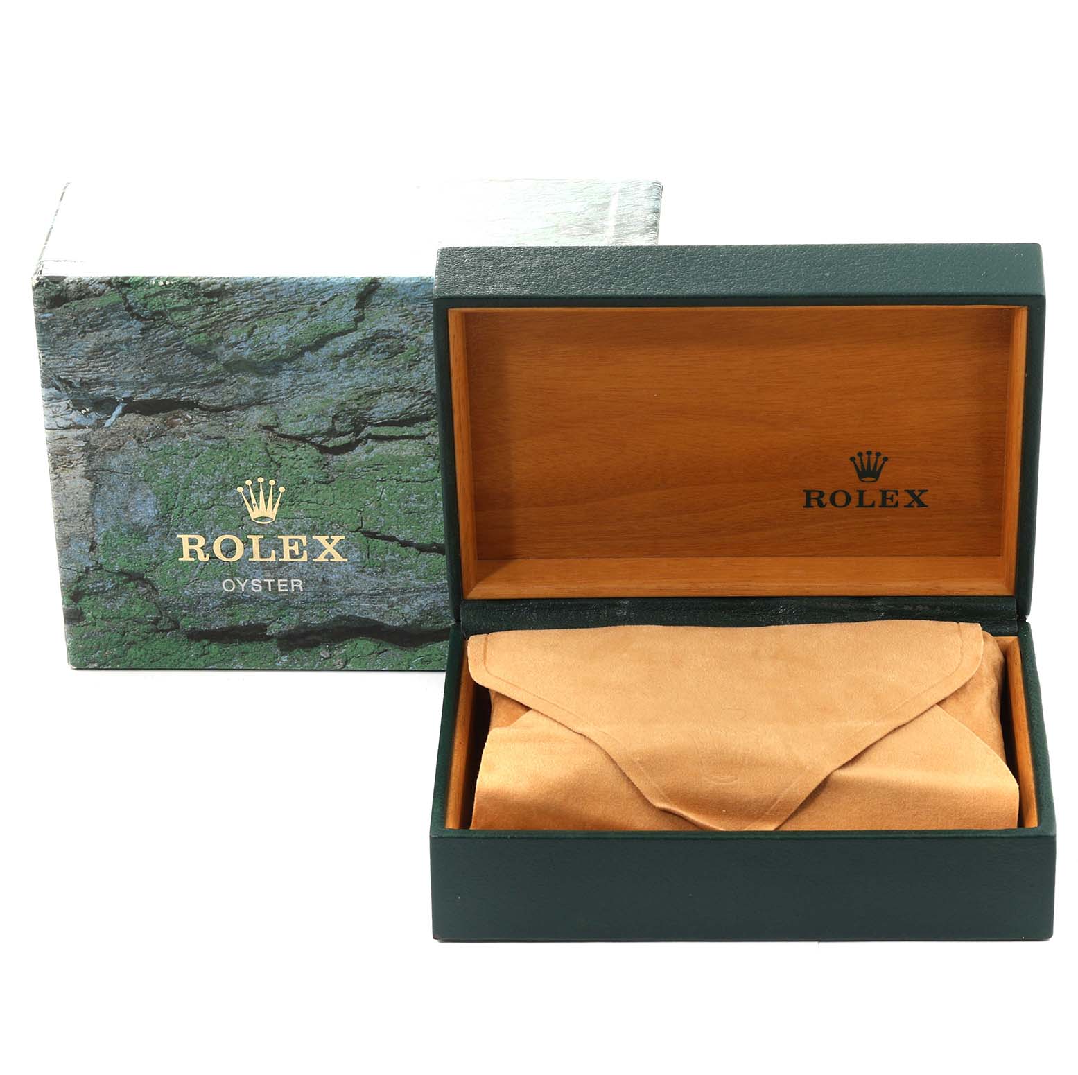 This image shows an open presentation box for a Rolex Oyster Perpetual 14233 Men's Steel and Gold (two tone) Silver Dial 14233 Men's Steel and Gold (two tone) Silver Dial watch, with the watch covered by a suede-like pouch.