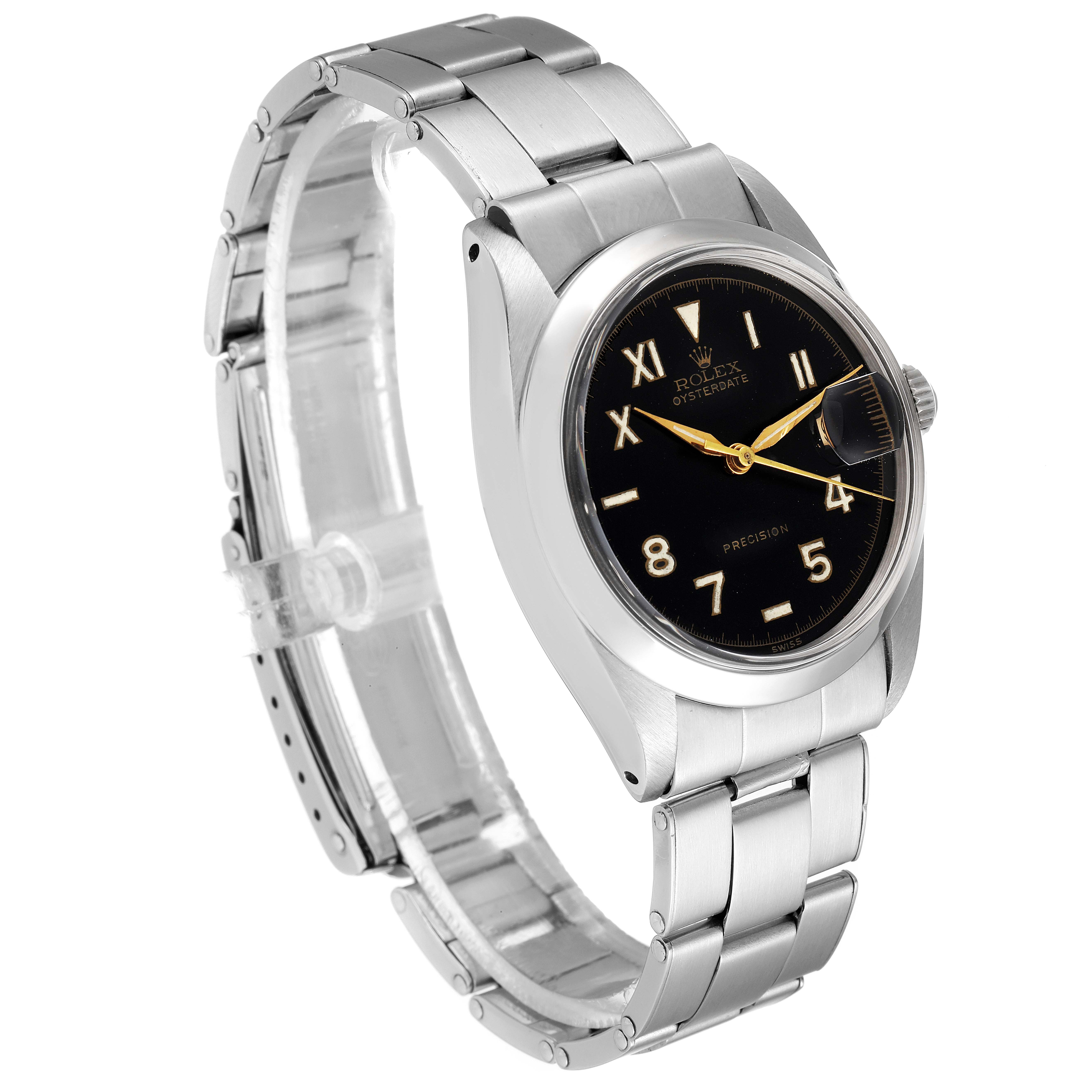 The Rolex Oysterdate watch is shown at a three-quarter angle, displaying its face, bezel, crown, and bracelet.