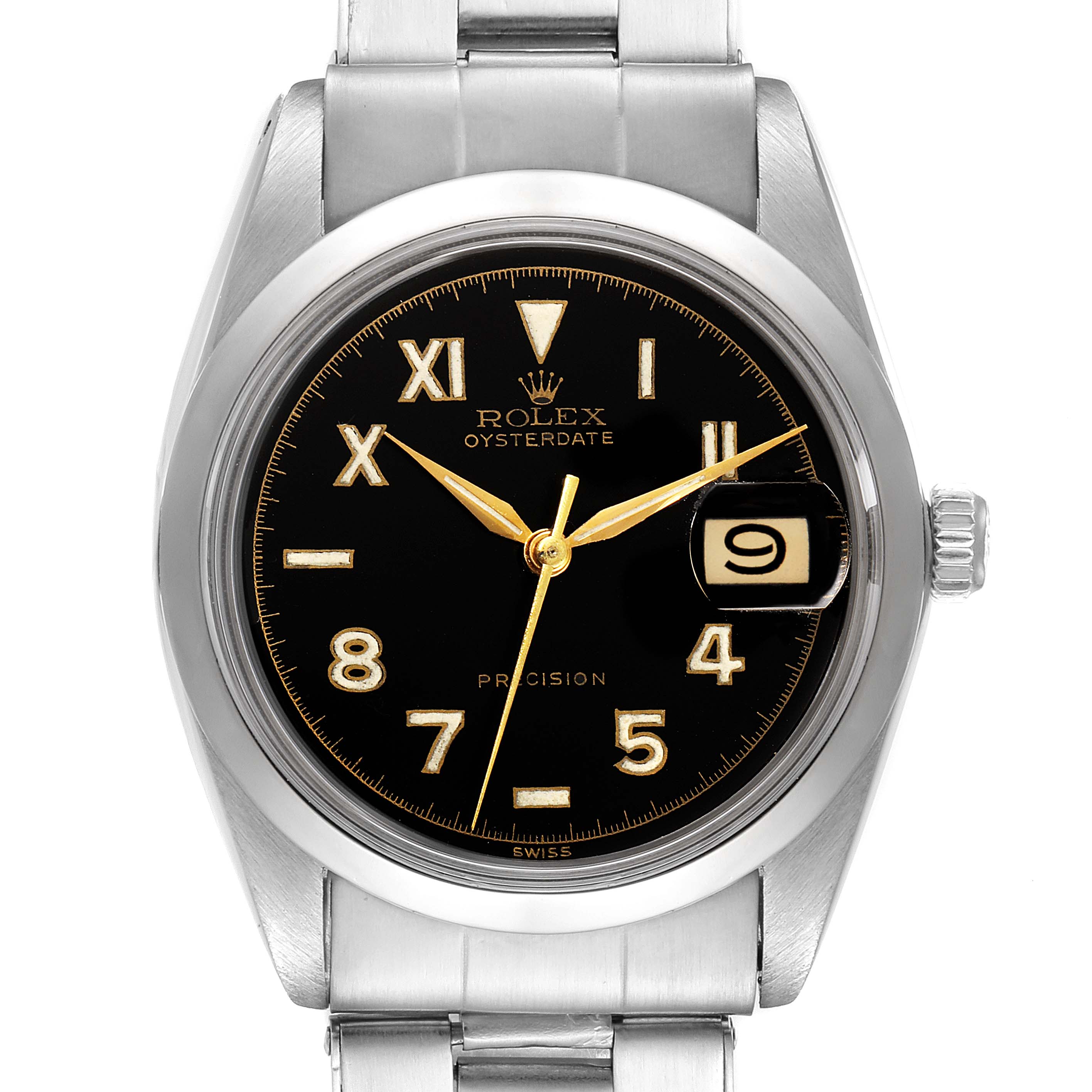 The image shows a Rolex Oysterdate Precision watch, centered, displaying its dial, bezel, crown, and part of its bracelet.