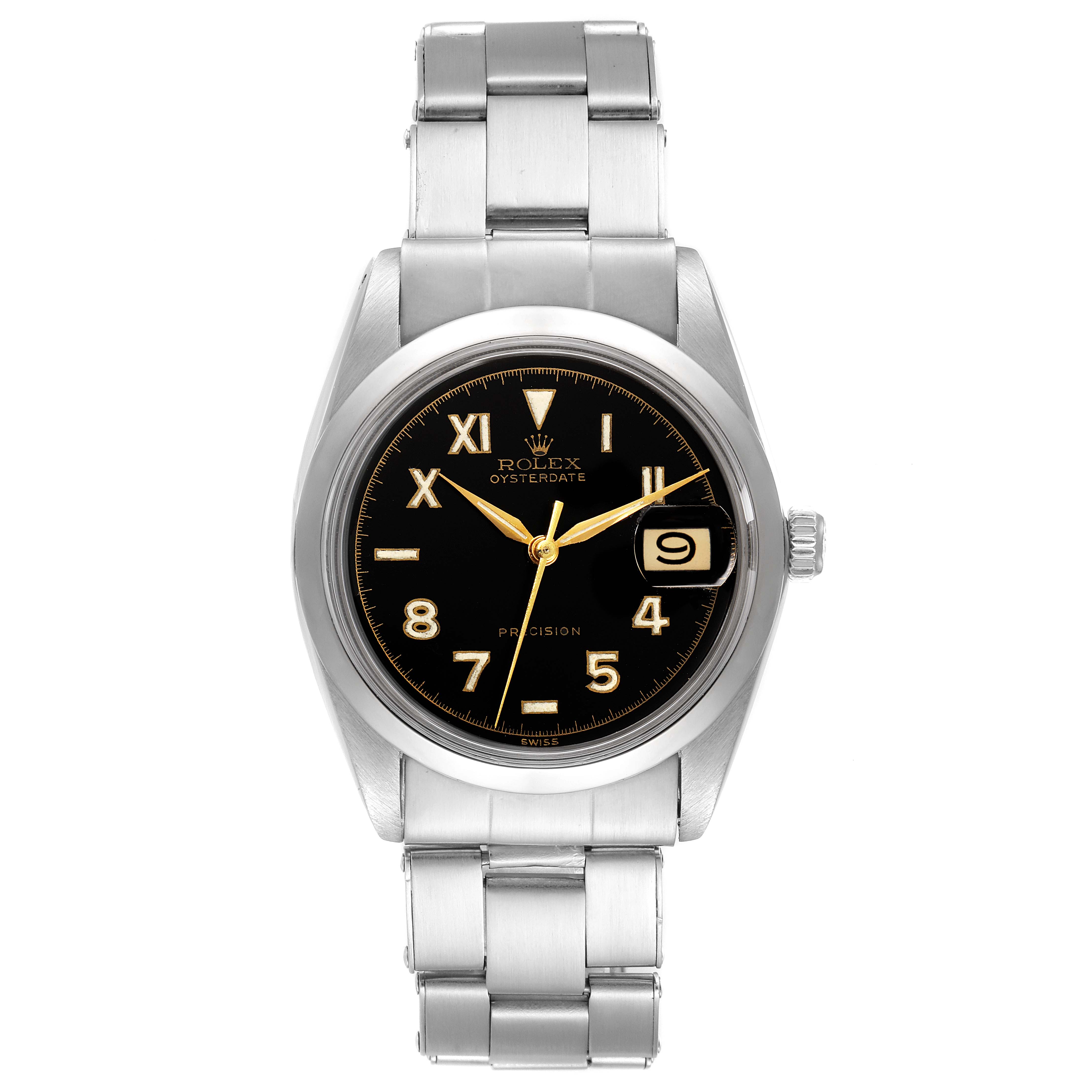 The image shows a frontal view of a Rolex Oysterdate Precision watch, featuring the dial, bezel, crown, and bracelet.