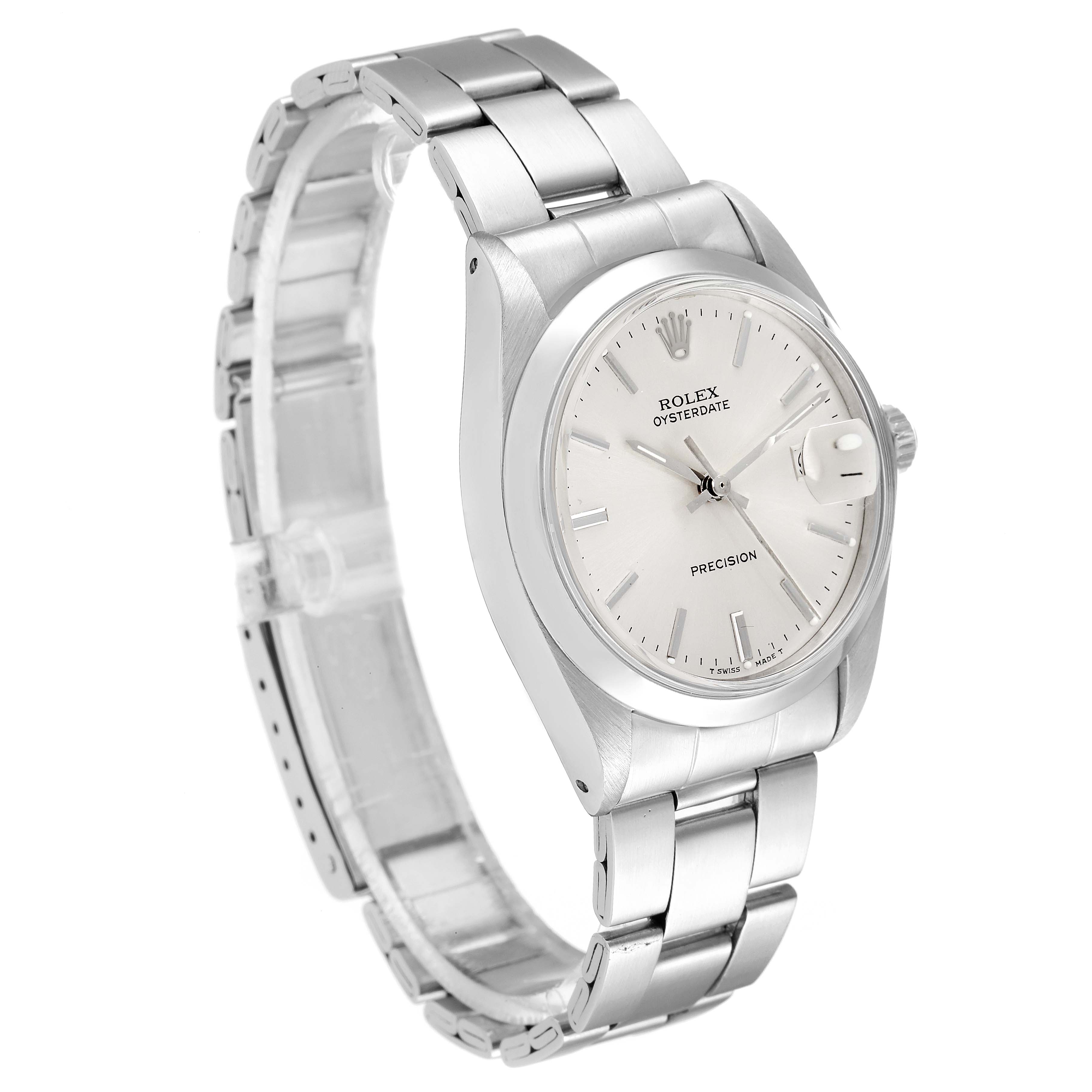 The Rolex Date 6694 Men's Stainless Steel Silver Dial 6694 Men's Stainless Steel Silver Dial model watch is shown at a three-quarter angle, highlighting its dial, bezel, bracelet, and crown.