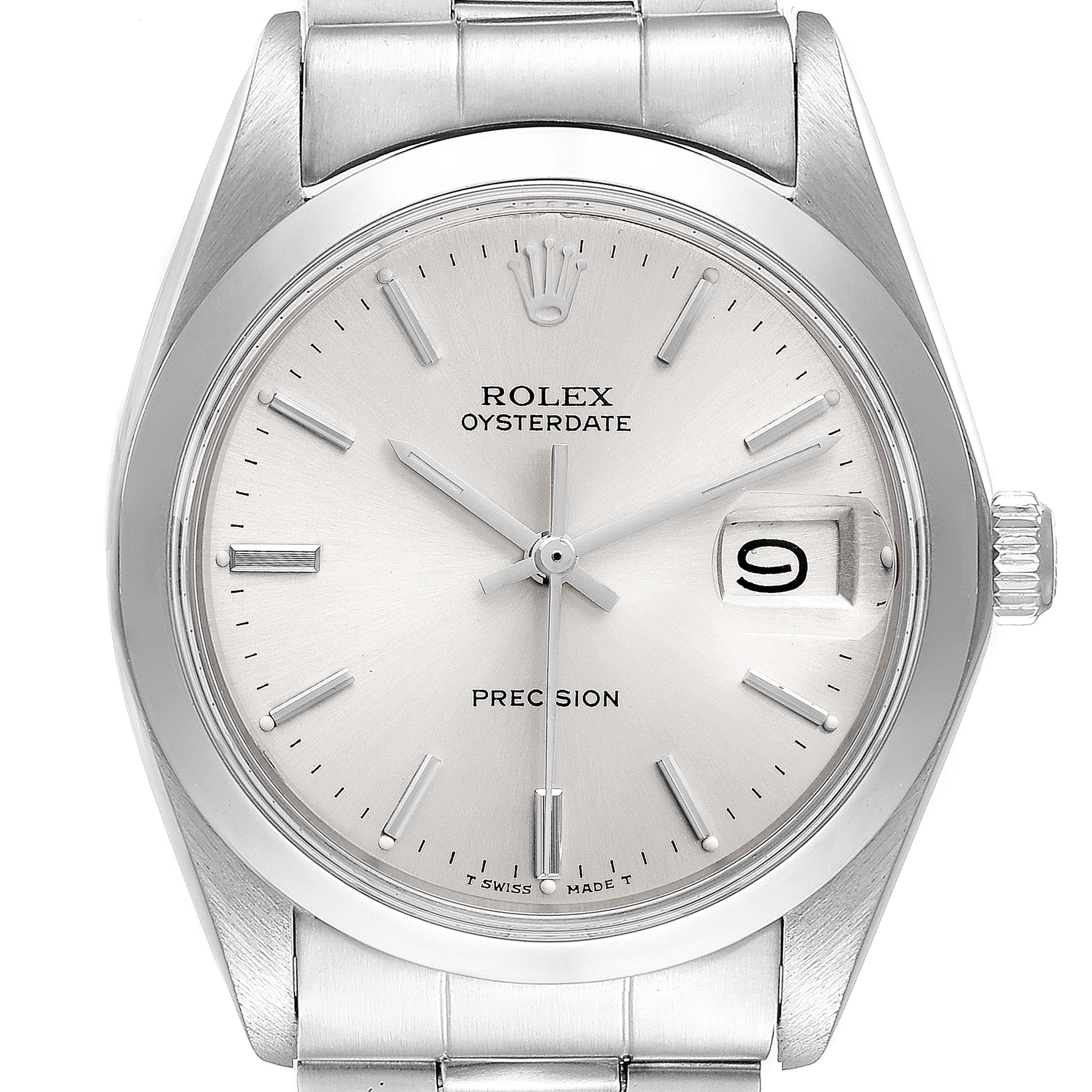 The image shows a front view of the Rolex Oysterdate Precision watch, highlighting the dial, crown, bracelet, and date window.