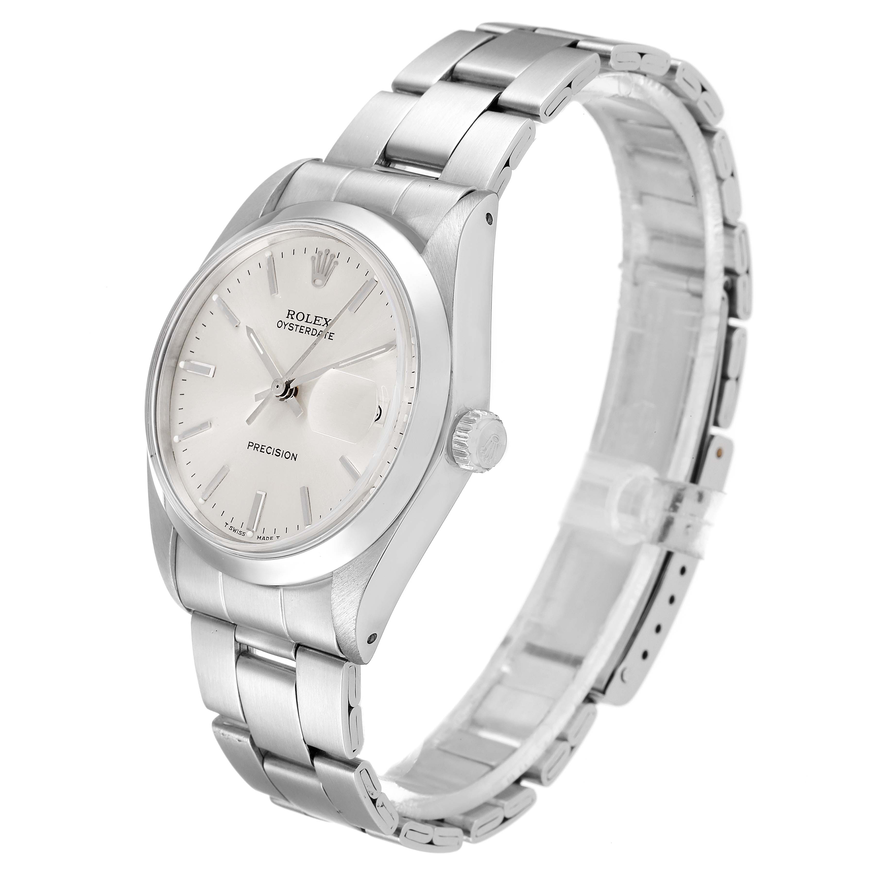 The image shows the right side of the Rolex Oysterdate Precision with a clear view of the bracelet and dial.