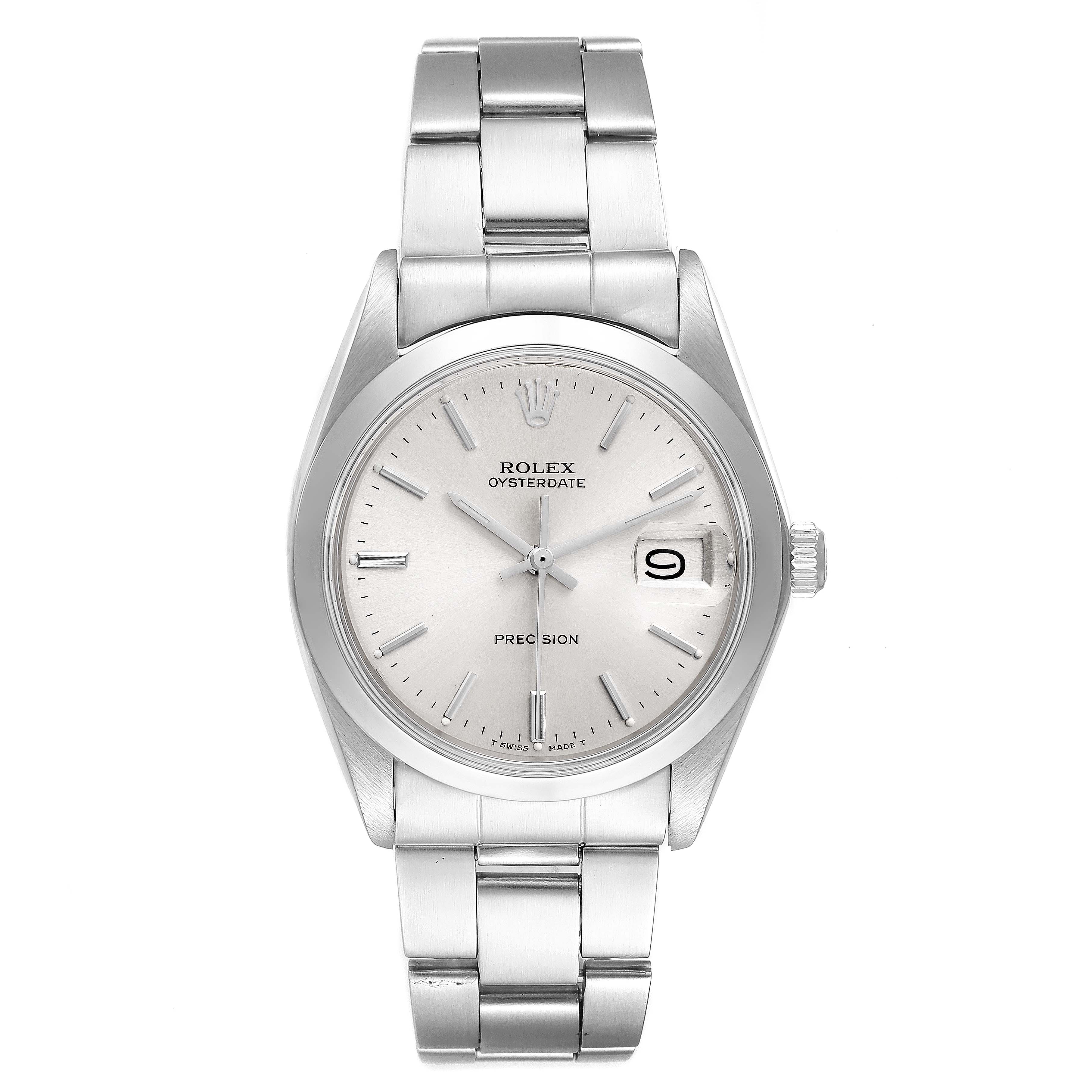 The image shows a frontal view of the Rolex Date 6694 Men's Stainless Steel Silver Dial 6694 Men's Stainless Steel Silver Dial model, highlighting its dial, case, bracelet, and date window.