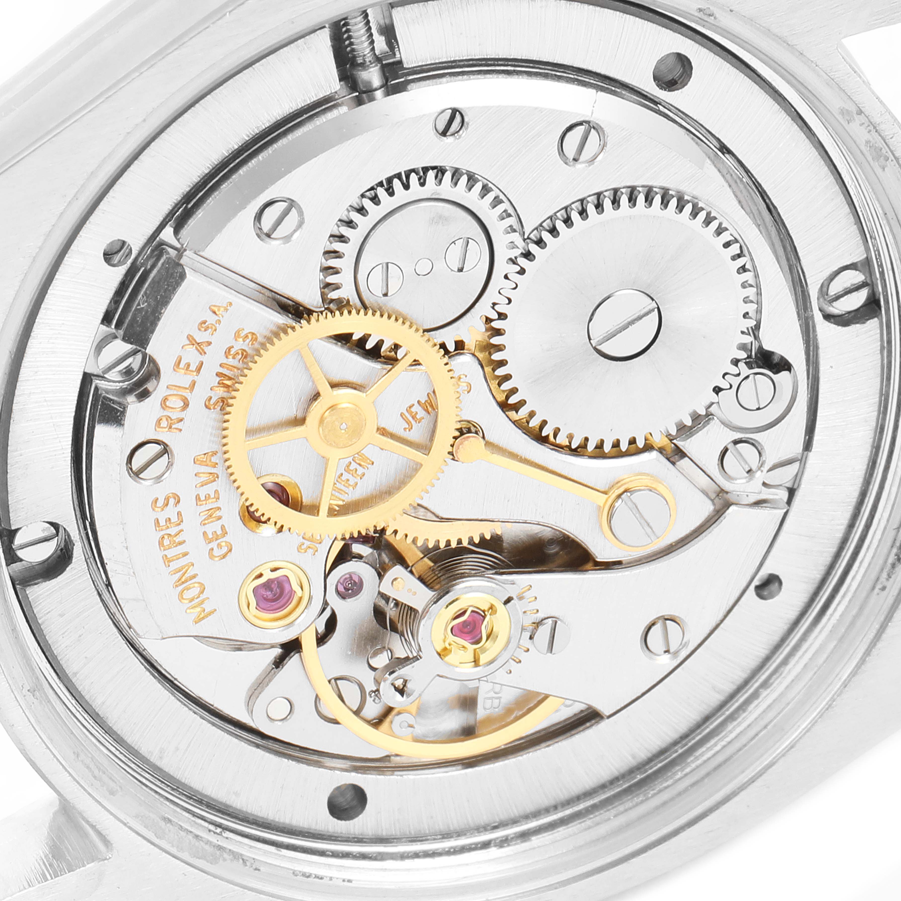 This image shows the internal mechanical movement of a Rolex Date 6694 Men's Stainless Steel Silver Dial 6694 Men's Stainless Steel Silver Dial model watch, viewed from the back.