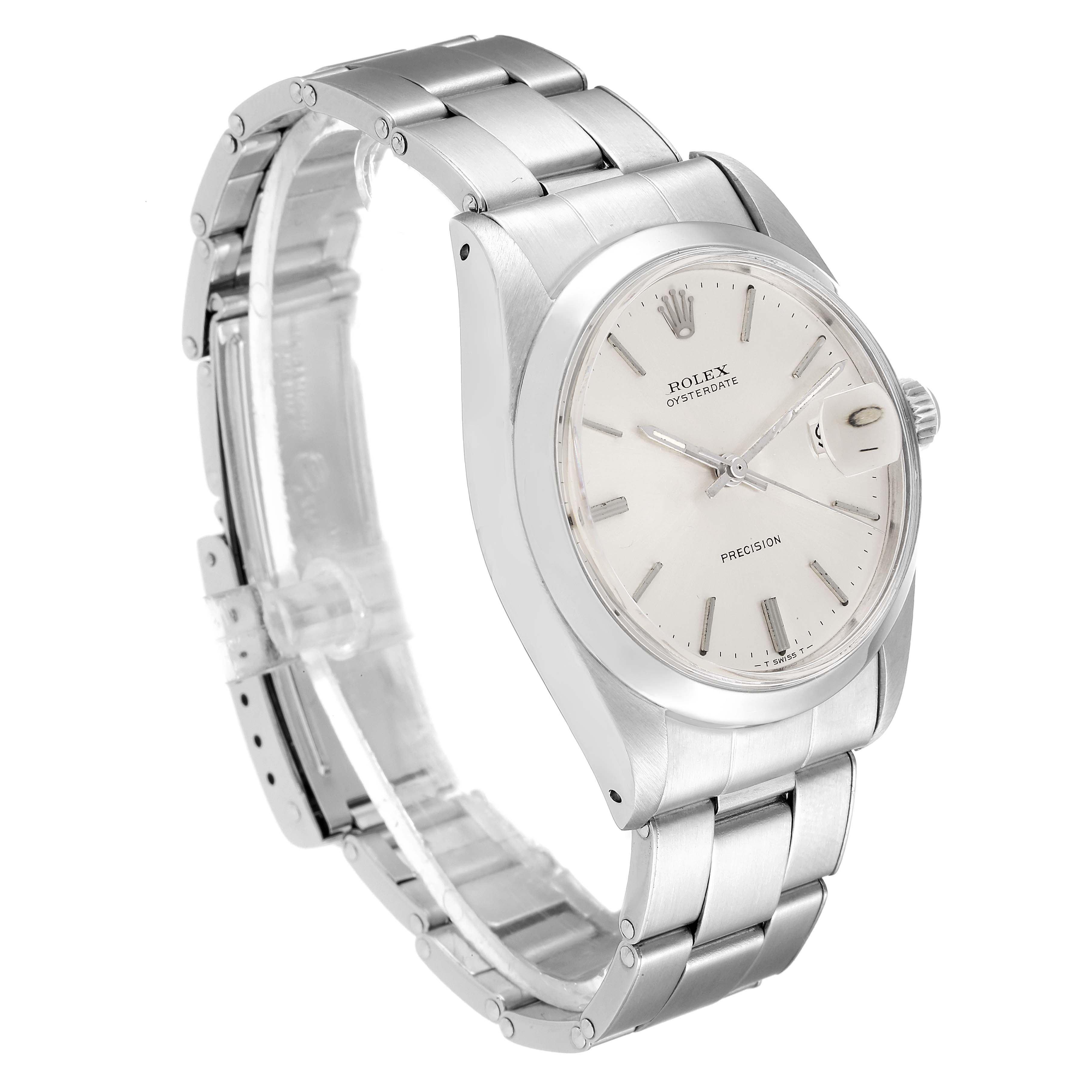 This is an angled view of the Rolex Vintage Collection 6694 Men's Stainless Steel Silver Dial 6694 Men's Stainless Steel Silver Dial watch, showing the face, band, and crown.