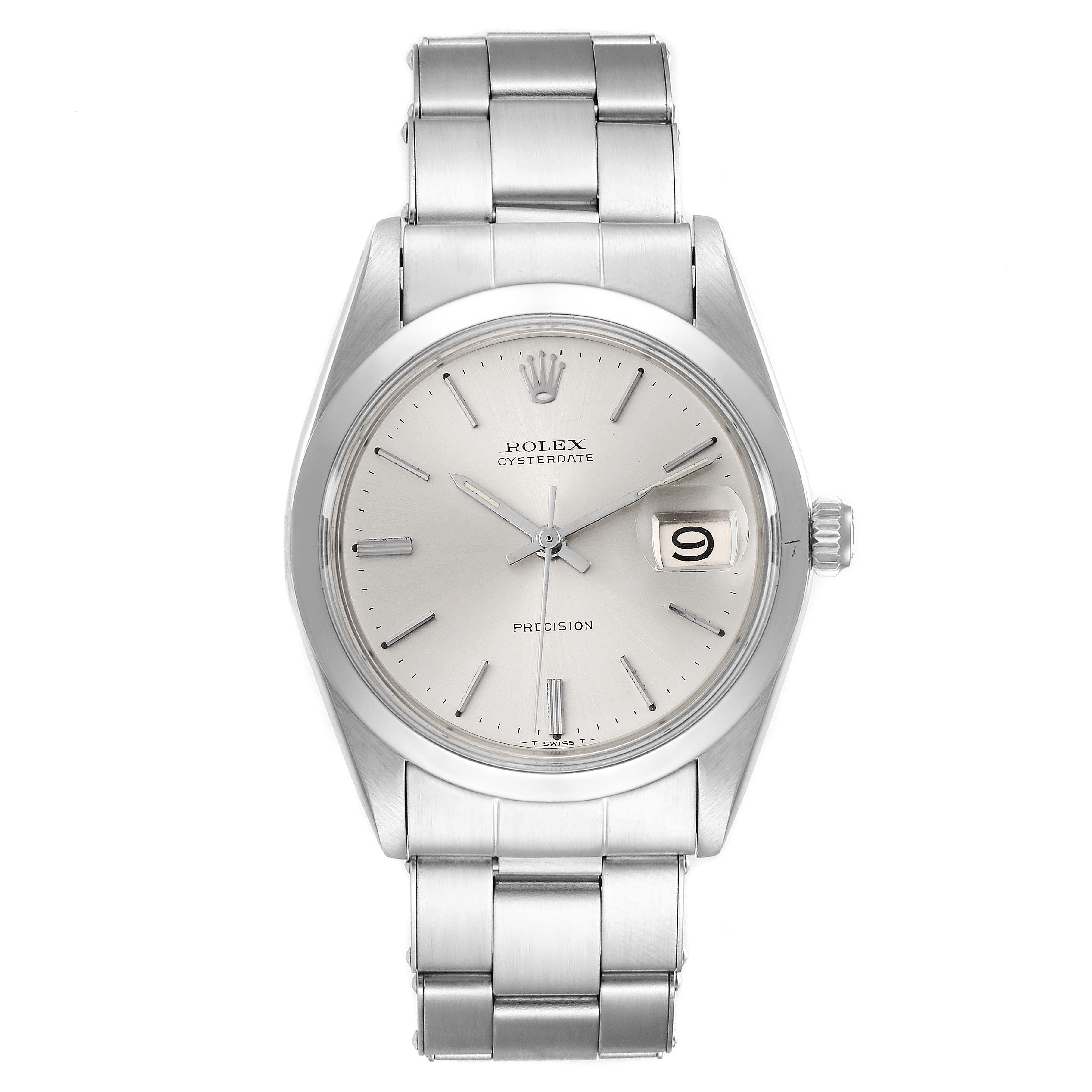 This is a front view of the Rolex Vintage Collection 6694 Men's Stainless Steel Silver Dial 6694 Men's Stainless Steel Silver Dial Oysterdate Precision watch, showing the face, bezel, and bracelet.