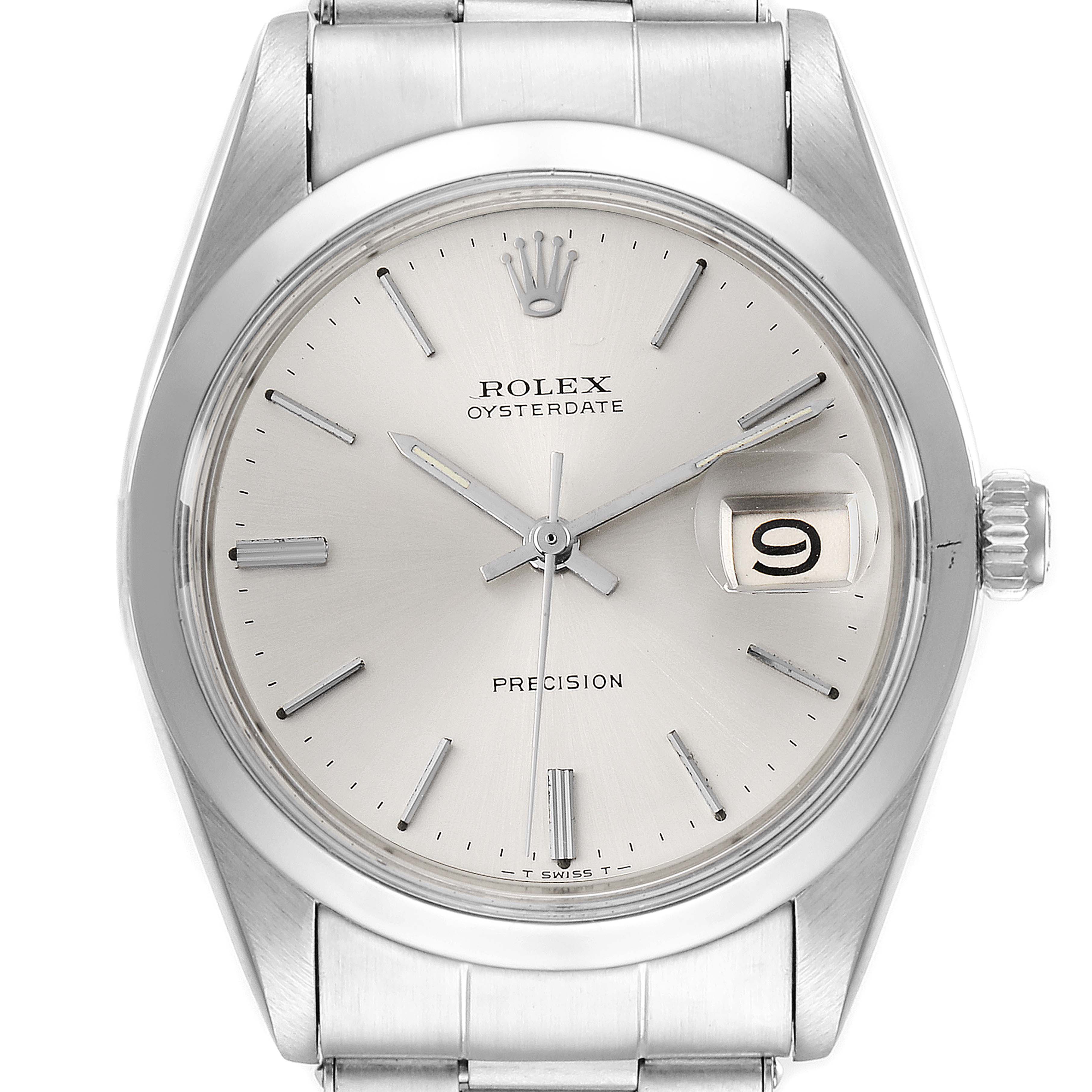 The image shows a front view of the Rolex Vintage Collection 6694 Men's Stainless Steel Silver Dial 6694 Men's Stainless Steel Silver Dial Oysterdate watch, highlighting the dial, crown, and bracelet.