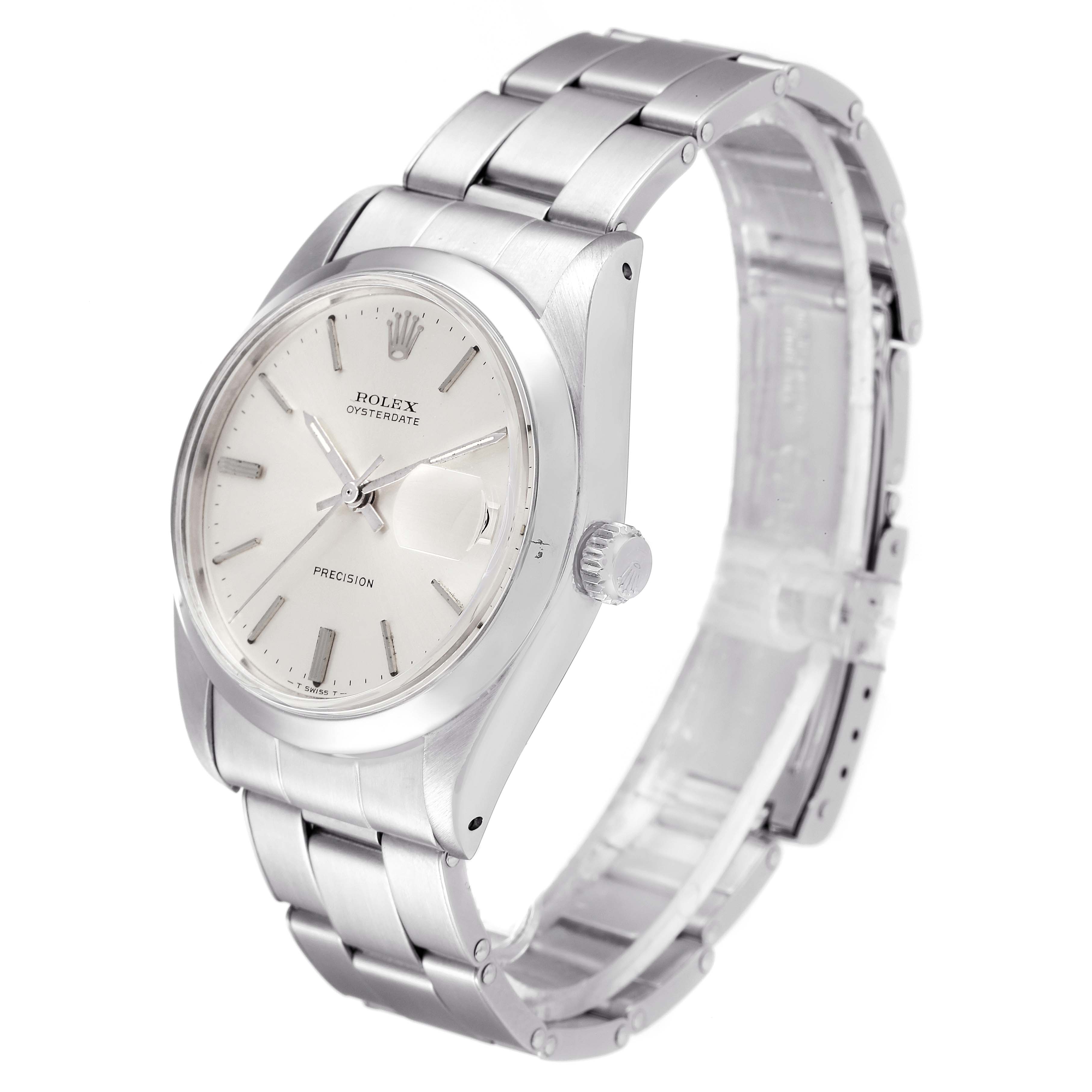 The image shows a side view of the Rolex Vintage Collection 6694 Men's Stainless Steel Silver Dial 6694 Men's Stainless Steel Silver Dial model, highlighting the face, bezel, crown, and bracelet.