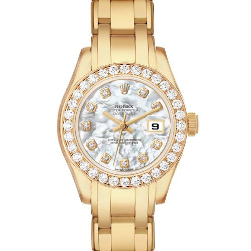 The Rolex Pearlmaster 80298 Women's Yellow Gold Mother of Pearl Dial watch is shown from a top angle, highlighting its bracelet, diamond-set bezel, and date display.