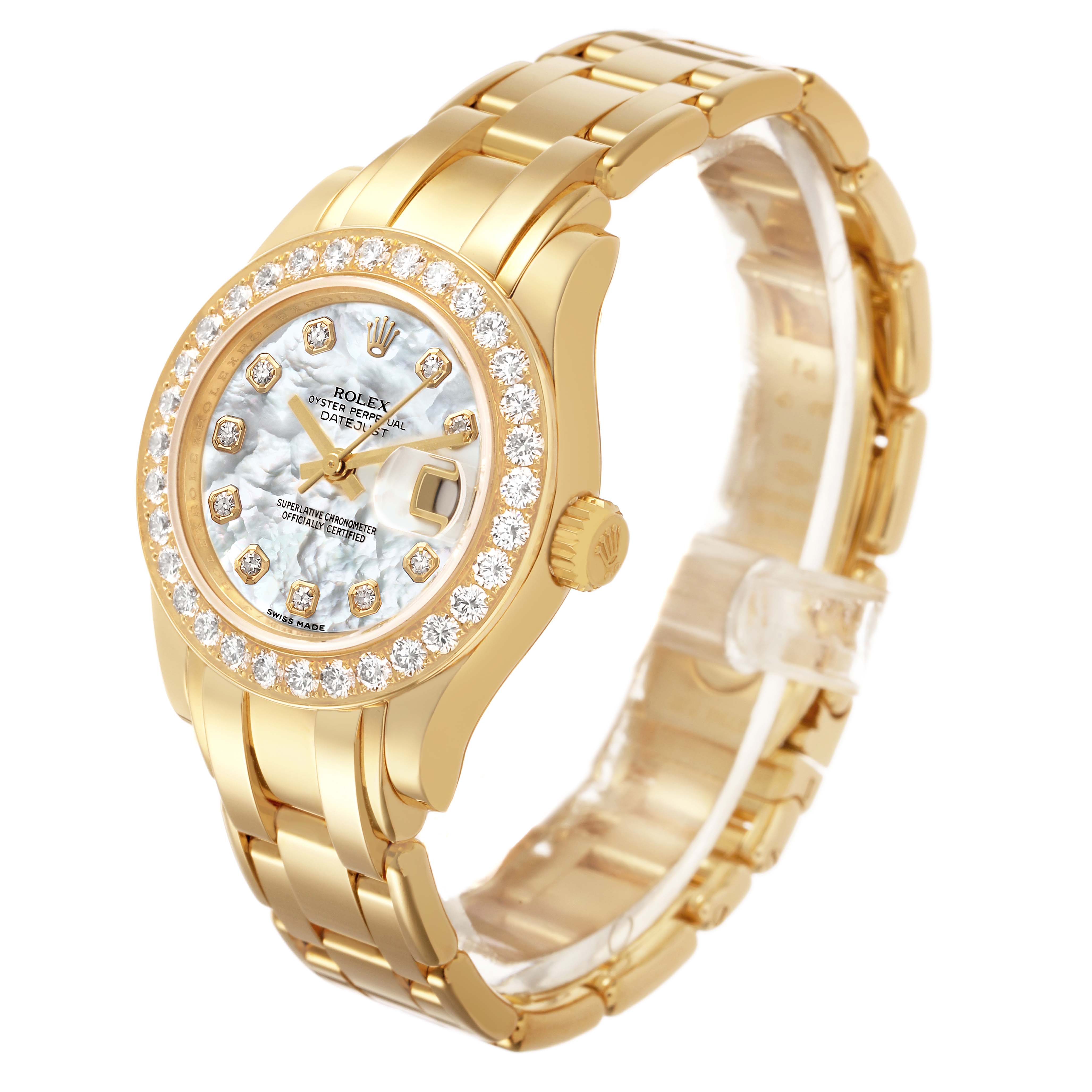 The Rolex Pearlmaster 80298 Women's Yellow Gold Mother of Pearl Dial watch is shown at a three-quarter angle, displaying the face, bezel, crown, and part of the bracelet.
