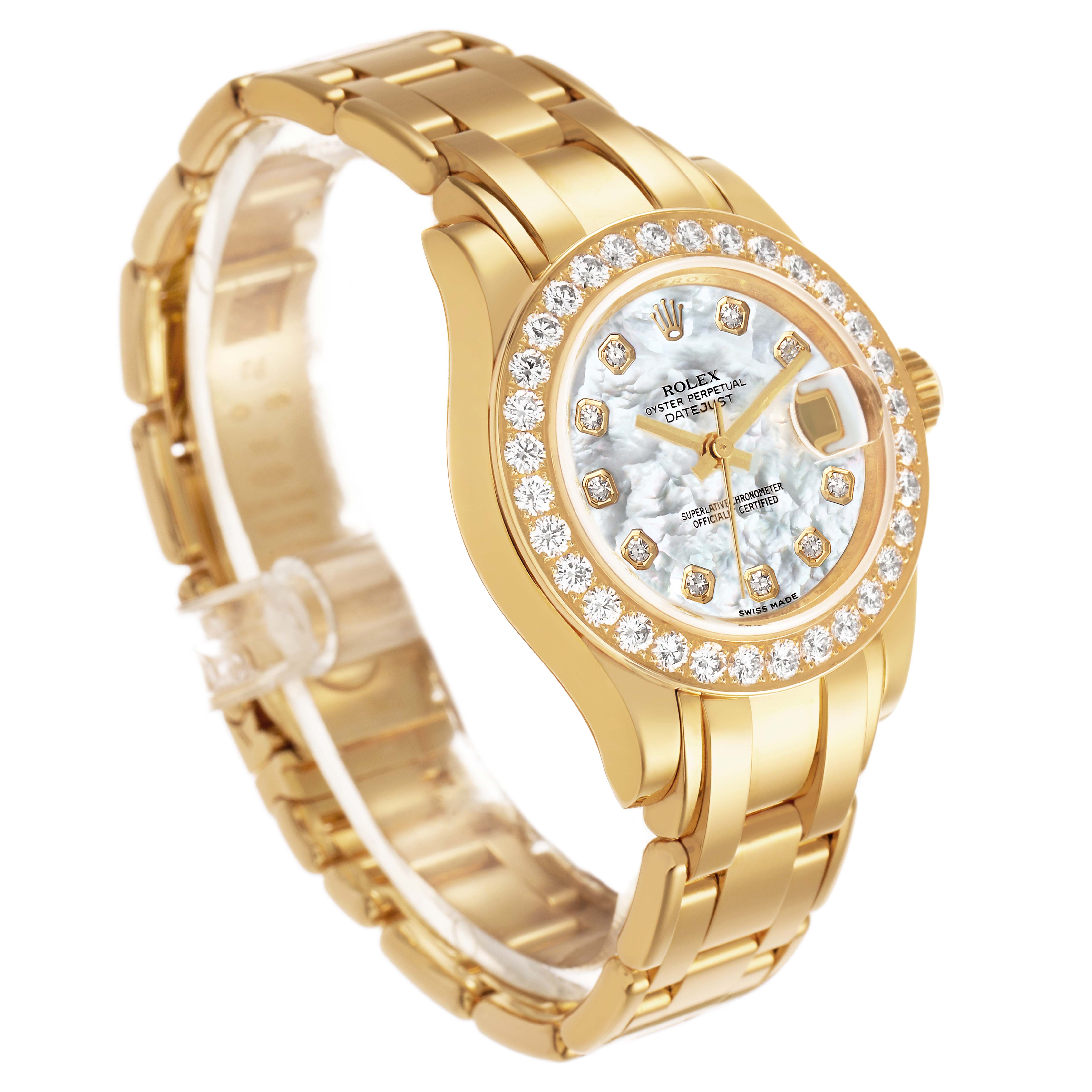 The Rolex Pearlmaster 80298 Women's Yellow Gold Mother of Pearl Dial watch is shown from a three-quarter angle, displaying its diamond bezel, mother-of-pearl dial, and gold bracelet.