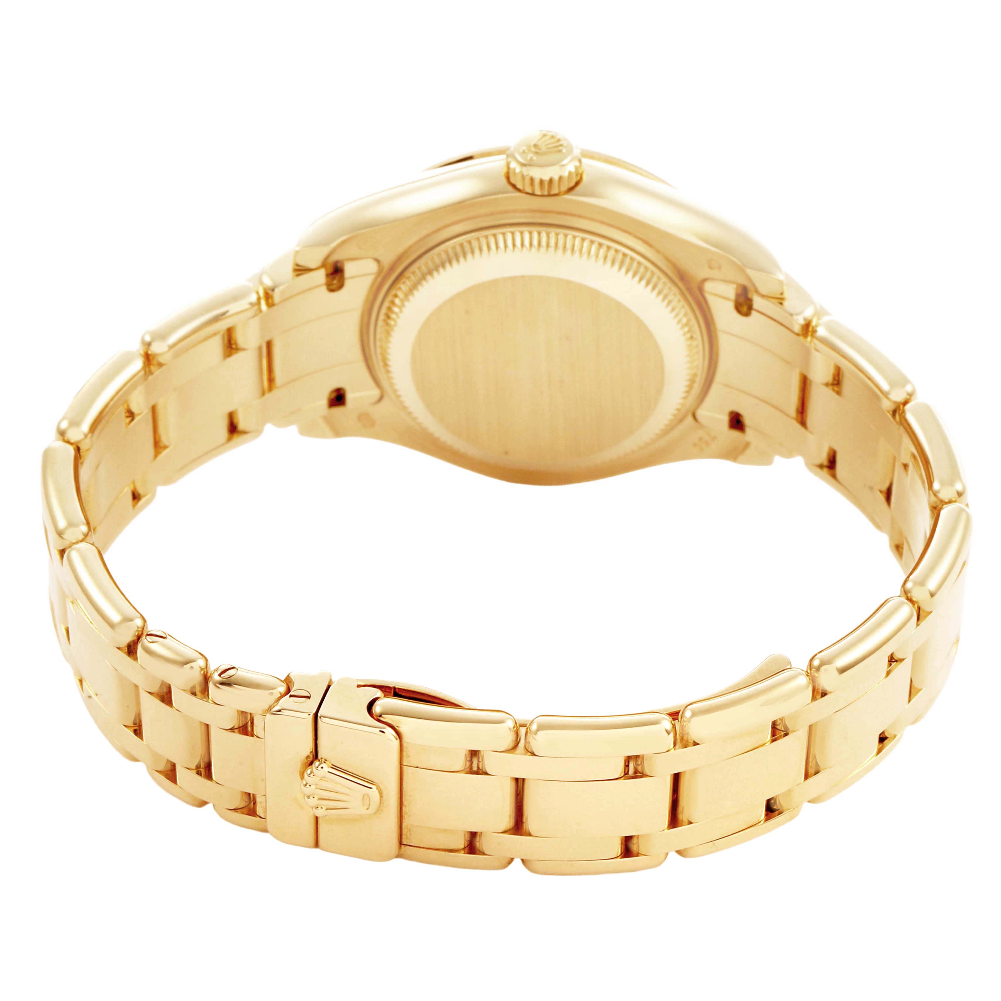 The image shows the back case and bracelet clasp of a Rolex Pearlmaster 80298 Women's Yellow Gold Mother of Pearl Dial watch from a rear angle.