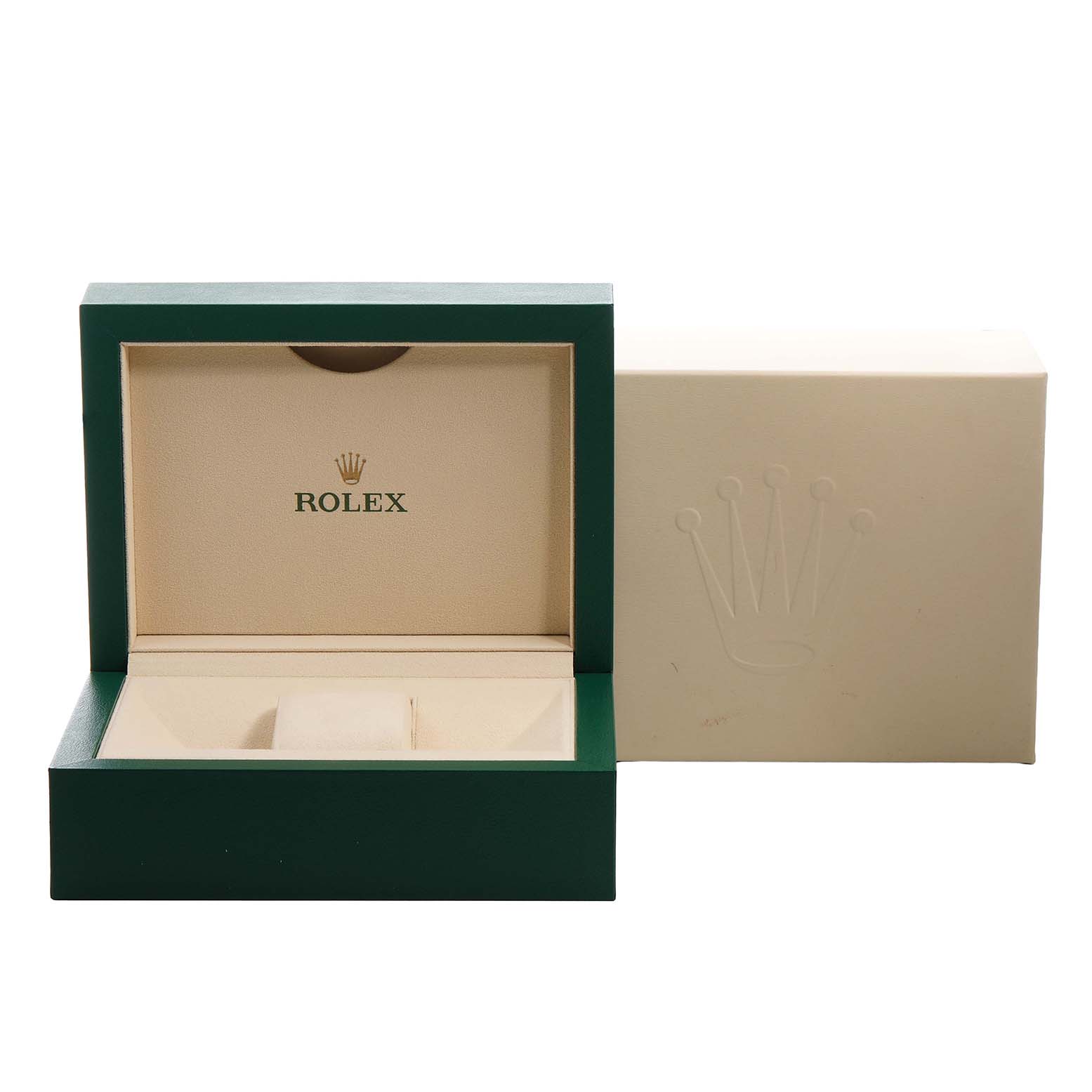 The image shows a Rolex Pearlmaster 80298 Women's Yellow Gold Mother of Pearl Dial watch box at an angle with the lid open, displaying the interior and protective cover.