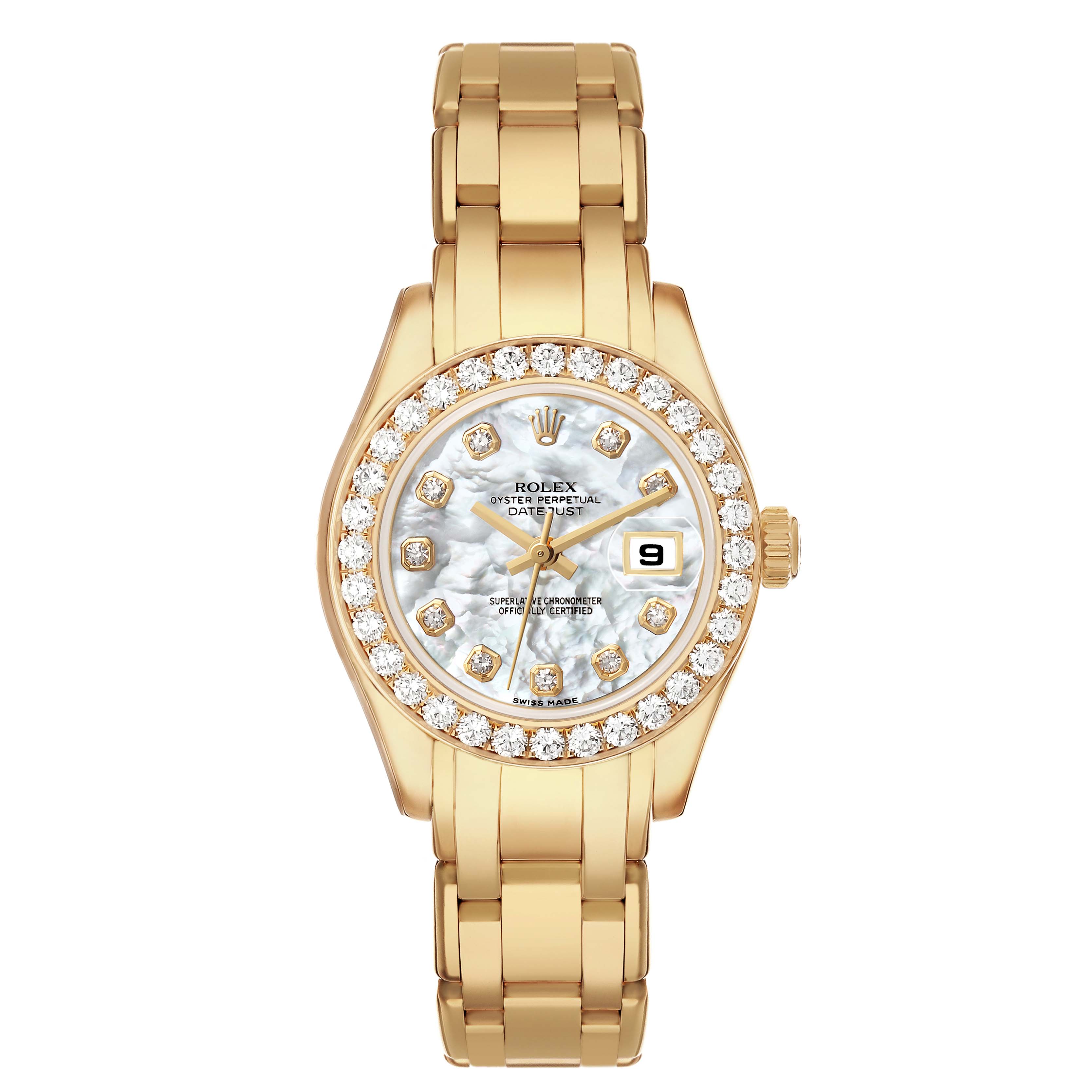 The Rolex Pearlmaster 80298 Women's Yellow Gold Mother of Pearl Dial watch is shown from the front, highlighting its gold bracelet, diamond bezel, and mother-of-pearl dial.