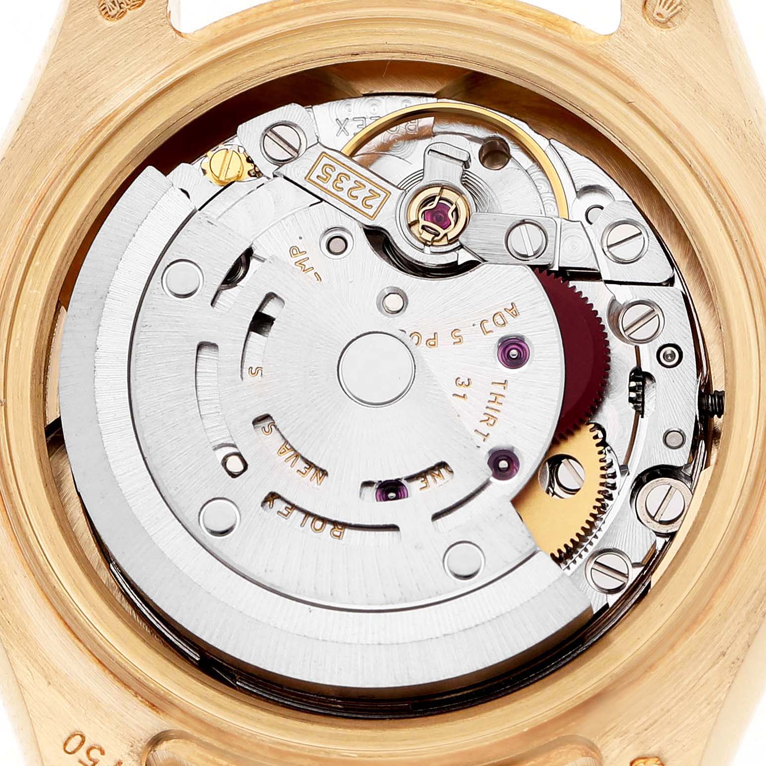 The image shows the movement mechanism of a Rolex Pearlmaster 80298 Women's Yellow Gold Mother of Pearl Dial watch, viewed from the back, highlighting its intricate components.
