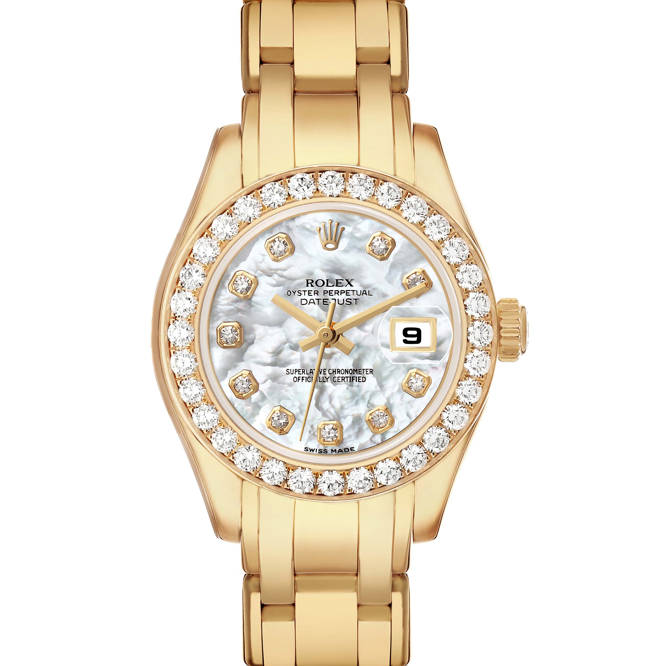 The Rolex Pearlmaster 80298 Women's Yellow Gold Mother of Pearl Dial watch is shown from a front angle, highlighting the dial, bezel, and bracelet.