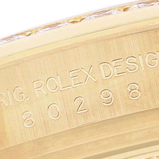 The image shows a close-up of the engraved side of the Rolex Pearlmaster 80298 Women's Yellow Gold Mother of Pearl Dial's case, highlighting the serial number and branding.
