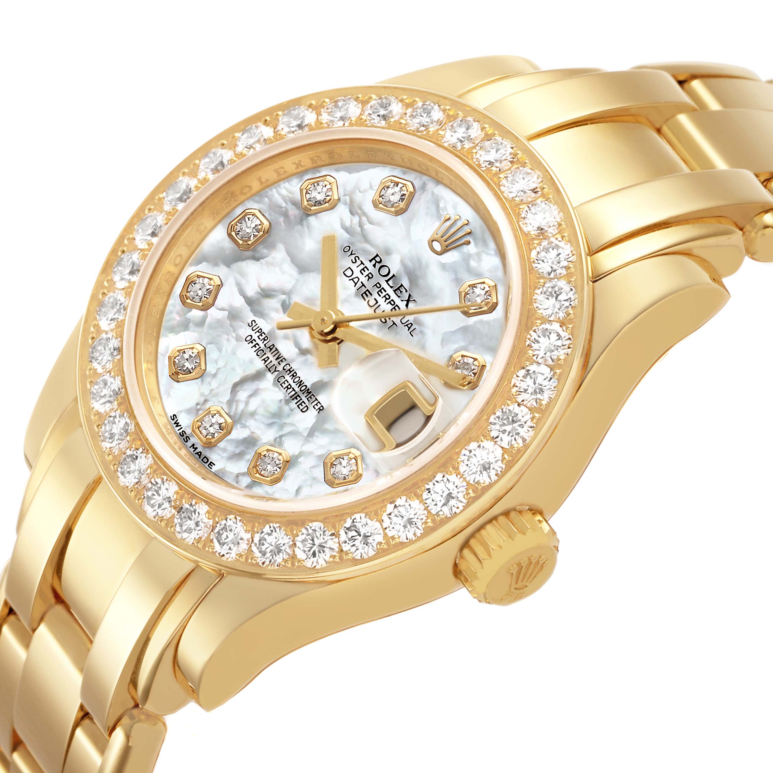 The Rolex Pearlmaster 80298 Women's Yellow Gold Mother of Pearl Dial model is shown at a slight angle, highlighting its diamond bezel, mother-of-pearl dial, and gold case.