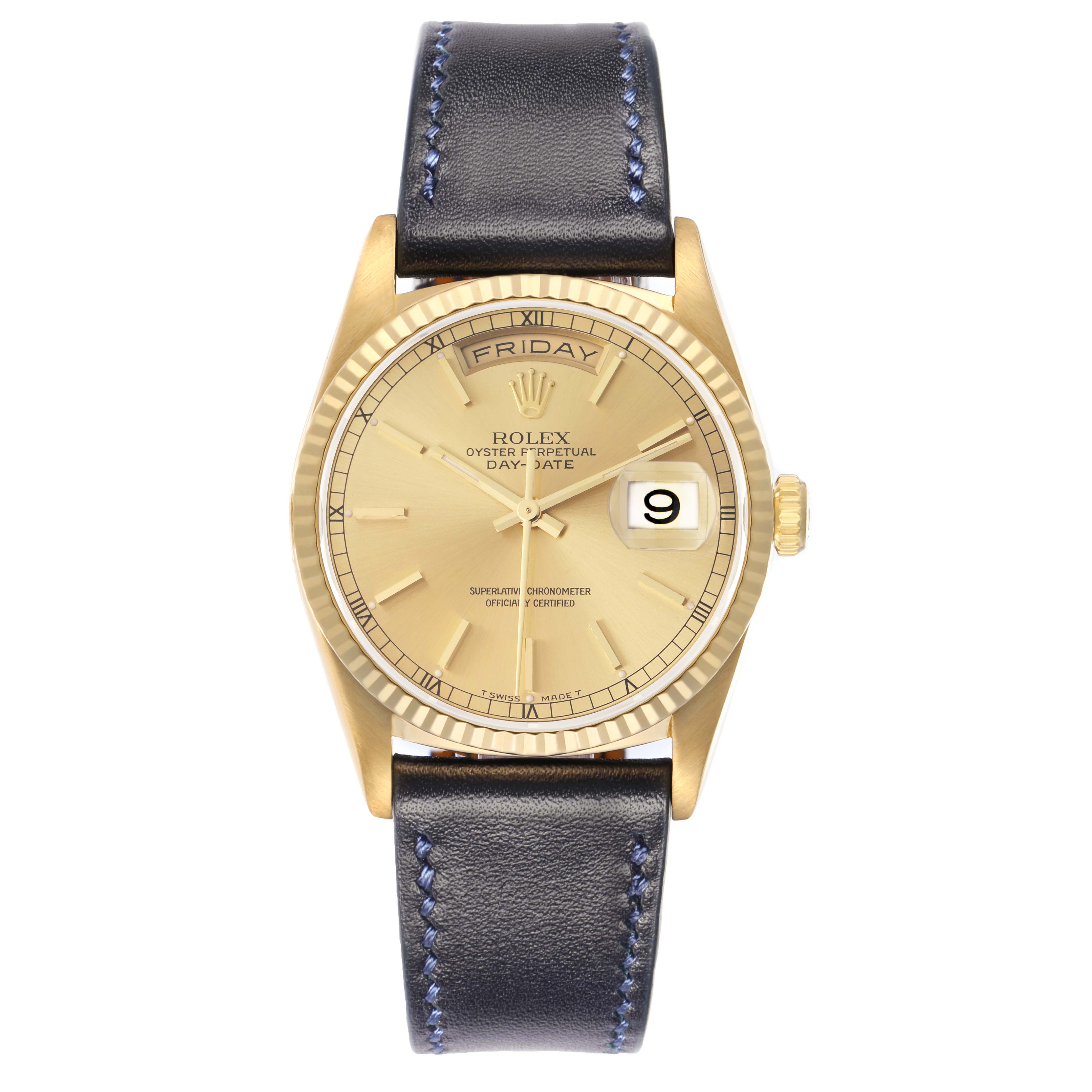 The Rolex President 18238 Men
s Yellow Gold Champagne Dial model watch is shown from a front angle, displaying the dial, day-date feature, and leather strap.