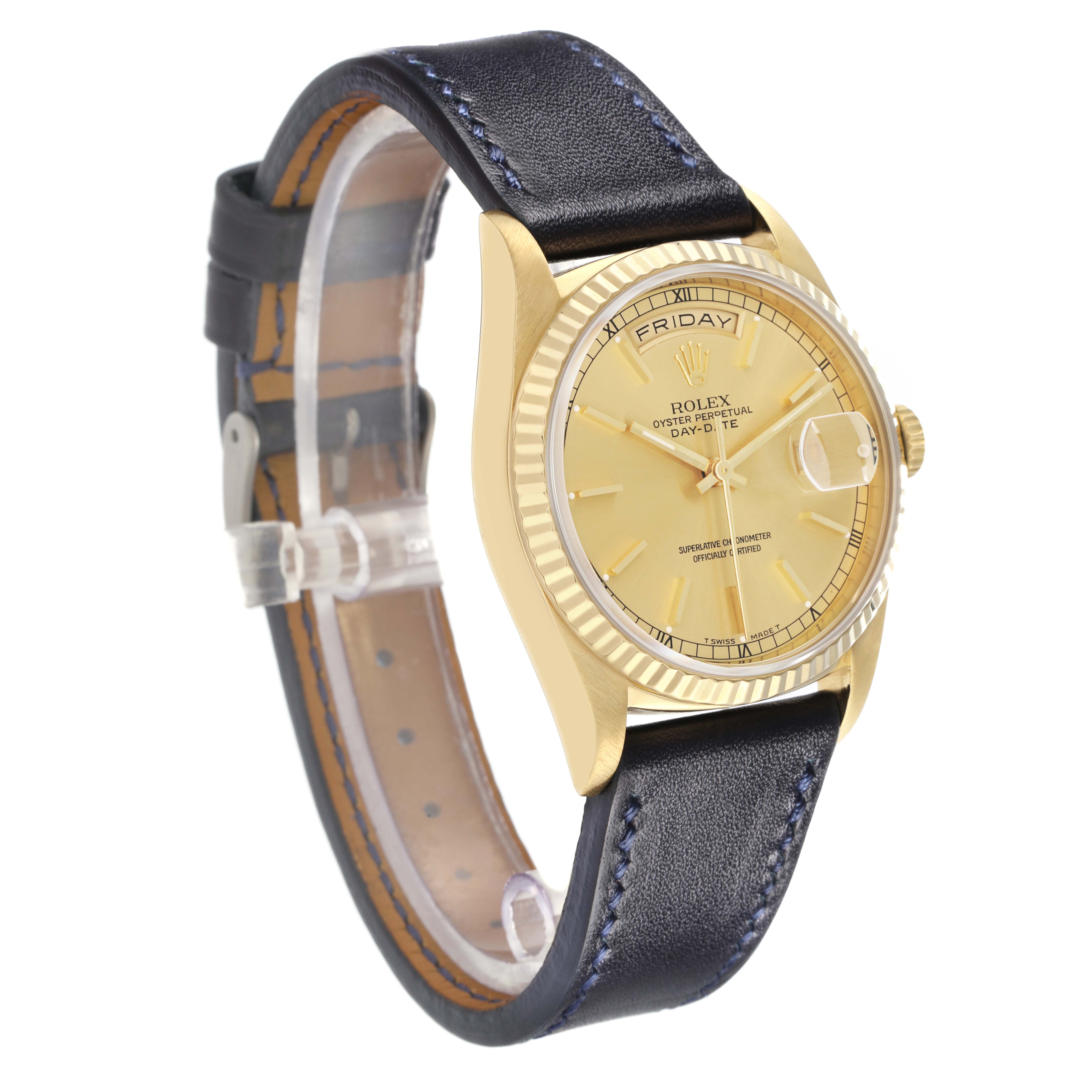 The Rolex President 18238 Men
s Yellow Gold Champagne Dial model watch is shown at an angled side view, highlighting the gold case, black leather strap, and fluted bezel.