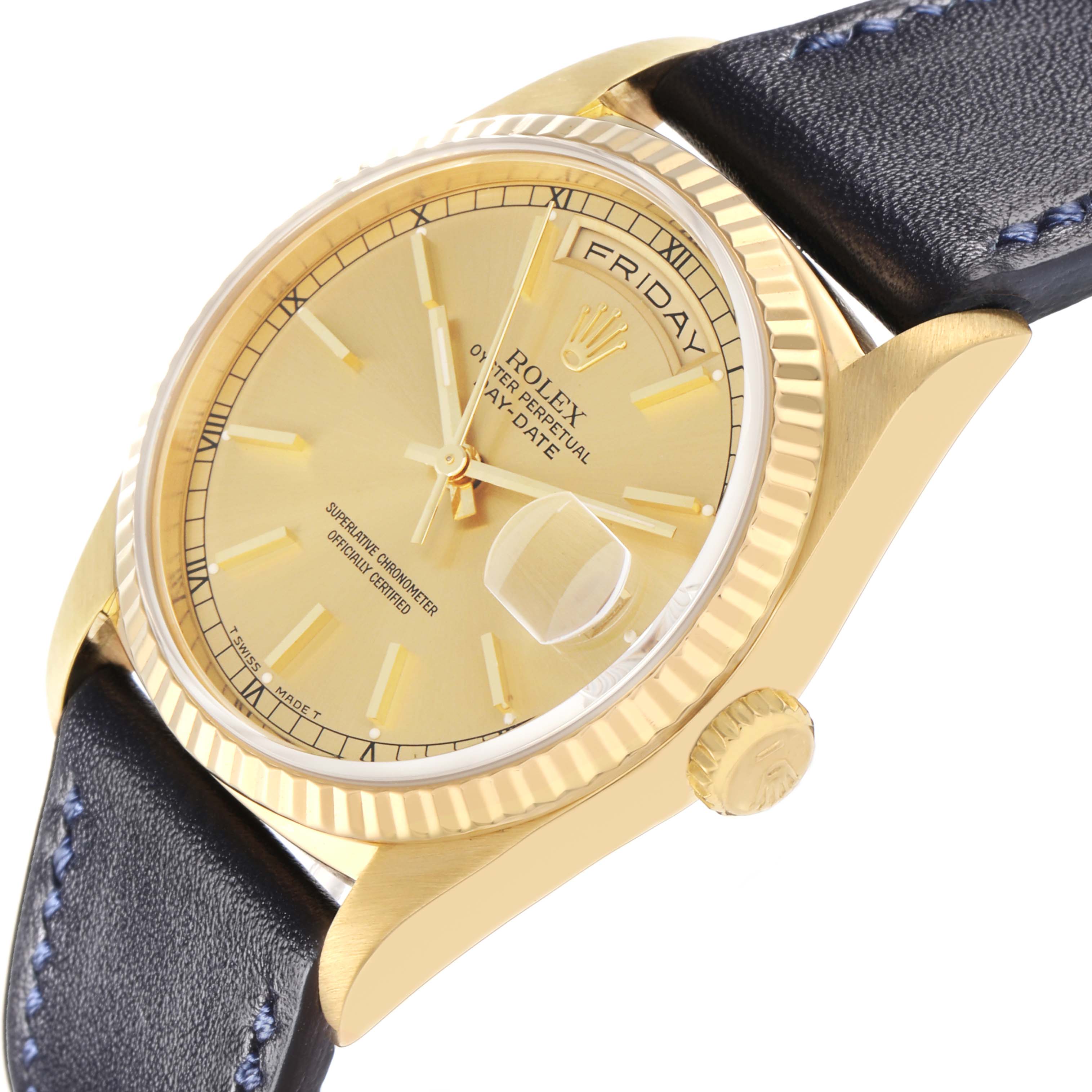 The image shows a Rolex President 18238 Men
s Yellow Gold Champagne Dial model watch at an angled side view, displaying the gold case, bezel, dial, and leather strap.