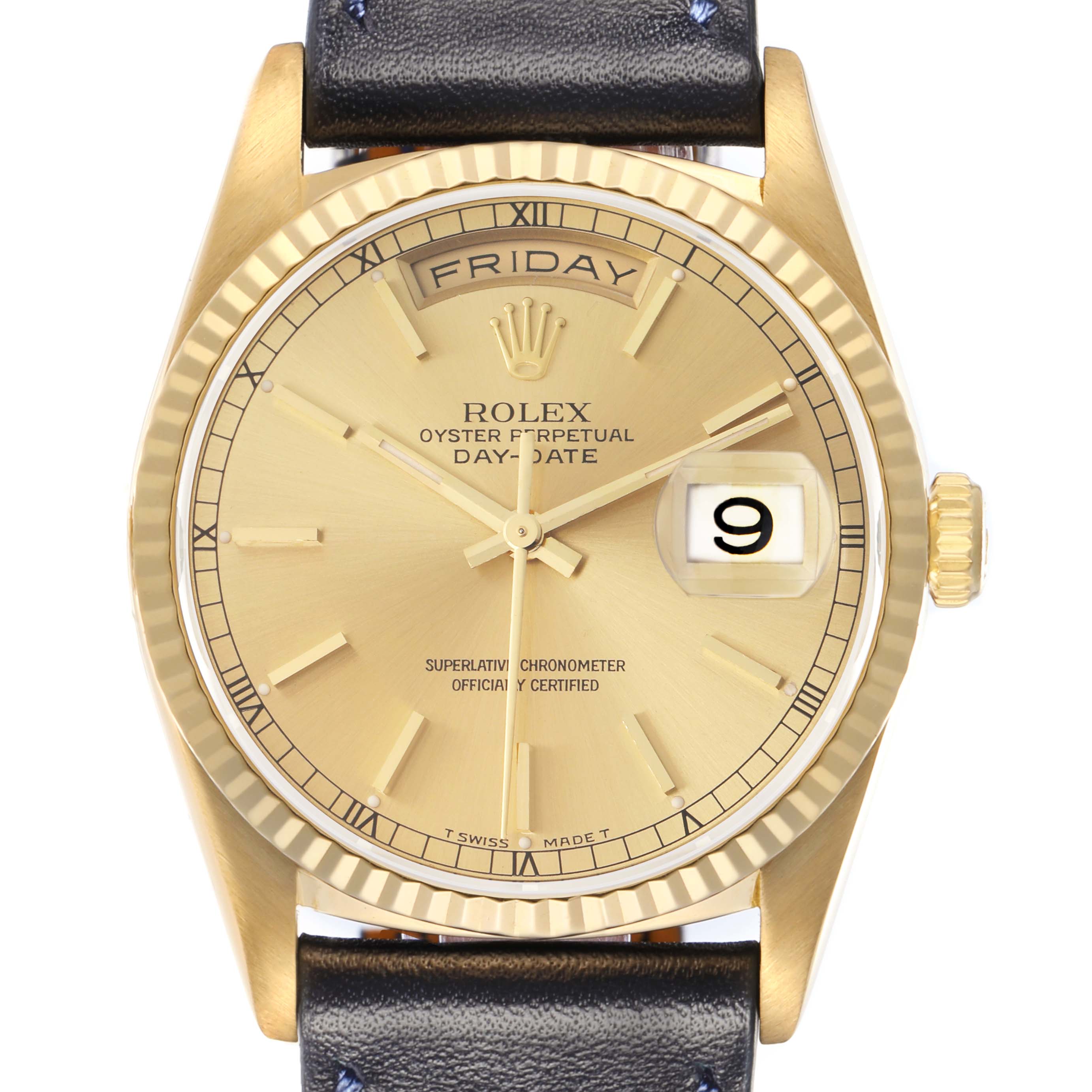 The Rolex President 18238 Men
s Yellow Gold Champagne Dial model watch is shown from the front, highlighting the dial, day and date windows, and part of the leather strap.