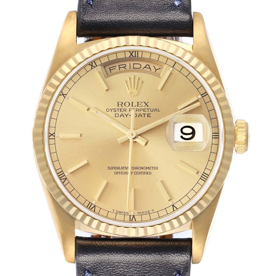 The Rolex President 18238 Men's Yellow Gold Champagne Dial model watch is shown from the front, highlighting the dial, day and date windows, and part of the leather strap.
