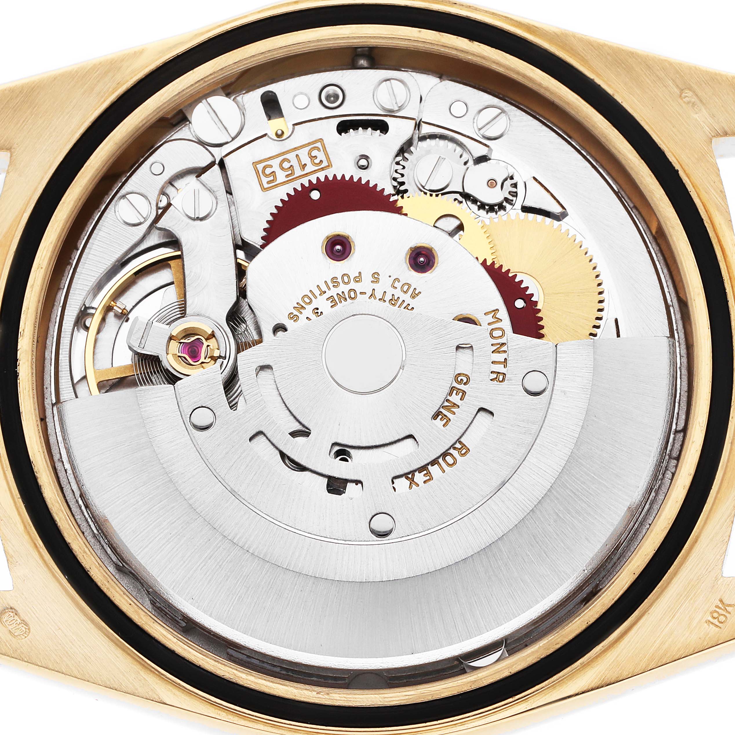 The image shows the internal movement of a Rolex President 18238 Men
s Yellow Gold Champagne Dial watch at a direct angle, highlighting gears and components.
