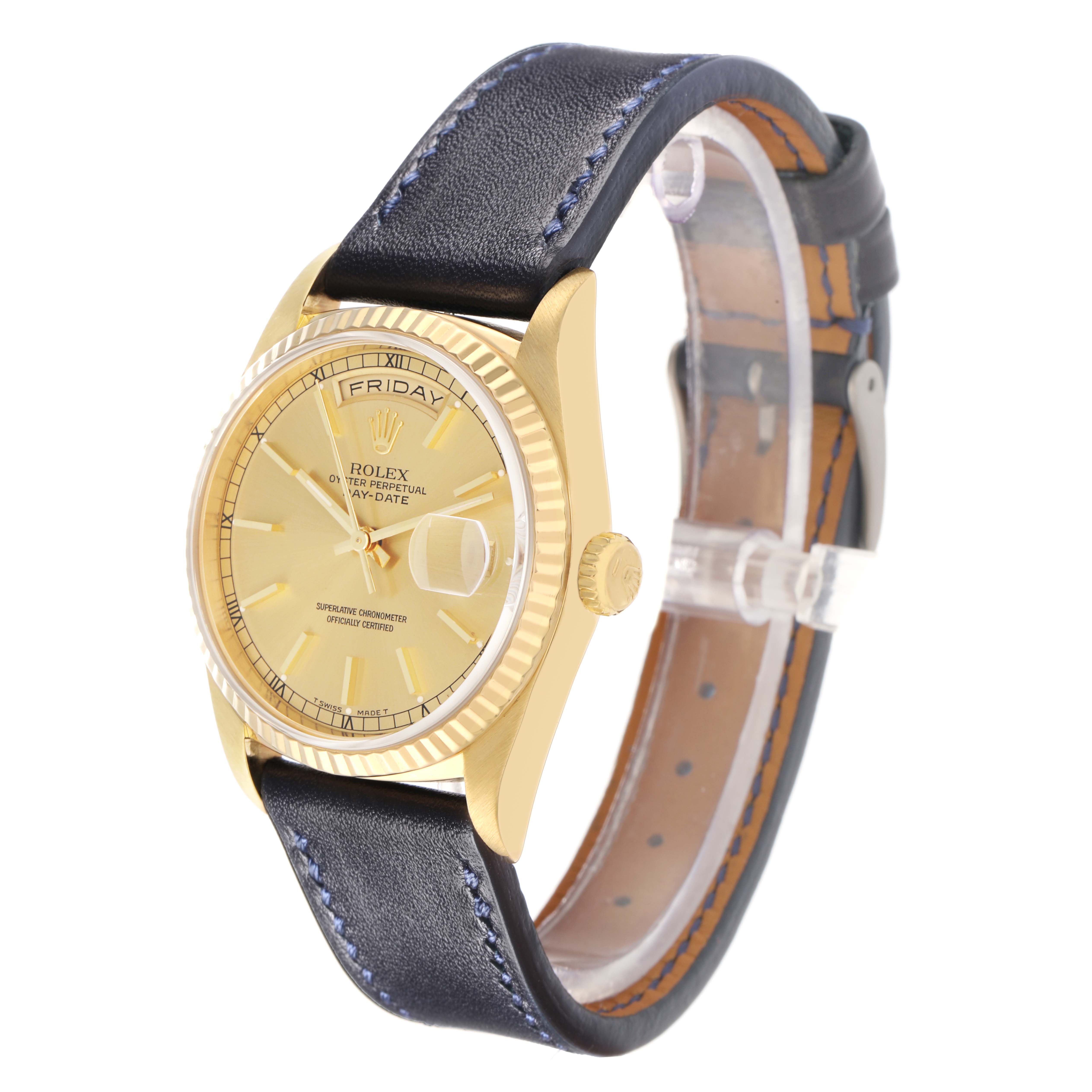 The Rolex President 18238 Men
s Yellow Gold Champagne Dial model watch is shown at a three-quarter angle, displaying the dial, bezel, crown, and part of the strap.