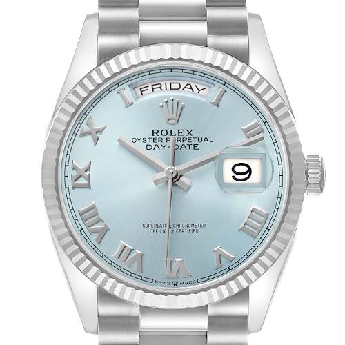 The Rolex President 128236 Men's Platinum Blue Dial model is shown from a front angle, highlighting its dial, fluted bezel, crown, and part of the bracelet.