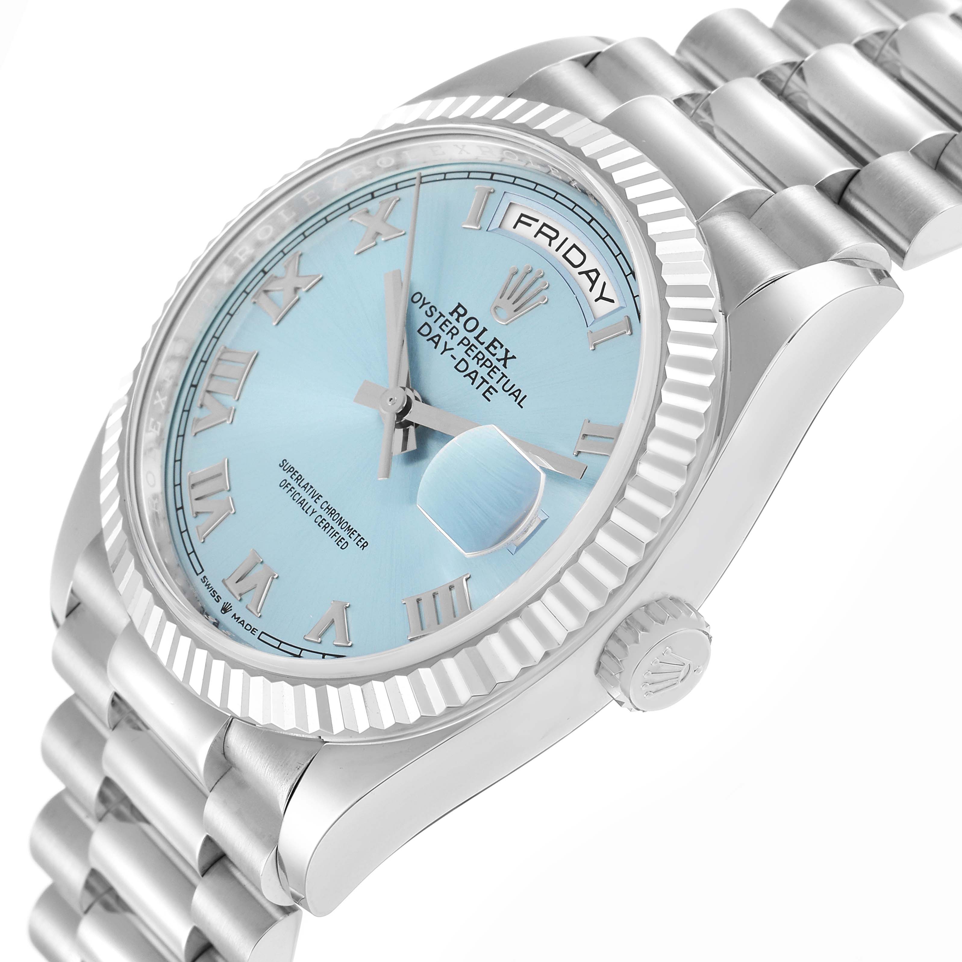 The Rolex President 128236 Men
s Platinum Blue Dial watch is shown at a slight angle, highlighting the face, bezel, and bracelet links.