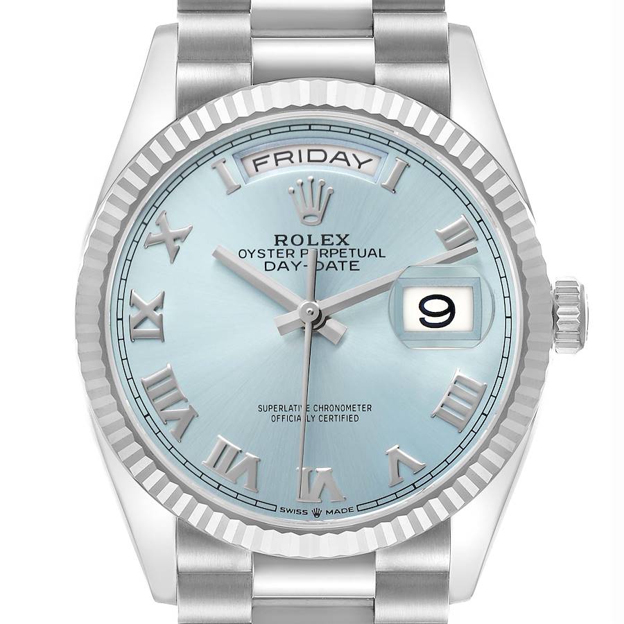 The Rolex President 128236 Men's Platinum Blue Dial Day-Date watch is shown from the front, highlighting its dial, bezel, and part of the bracelet.