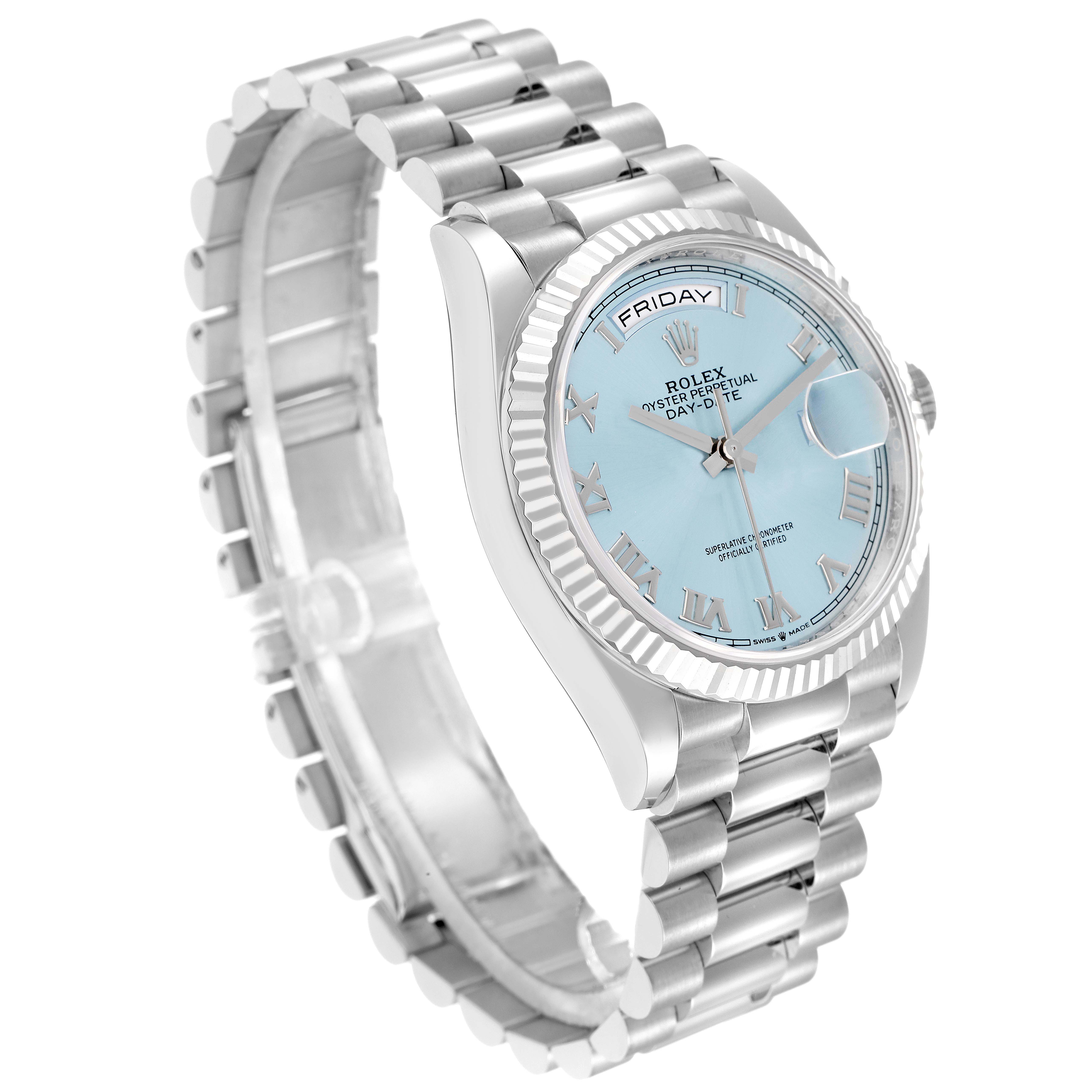 The Rolex President 128236 Men
s Platinum Blue Dial model is shown at a three-quarter angle, displaying the watch face, bracelet, and part of the case.