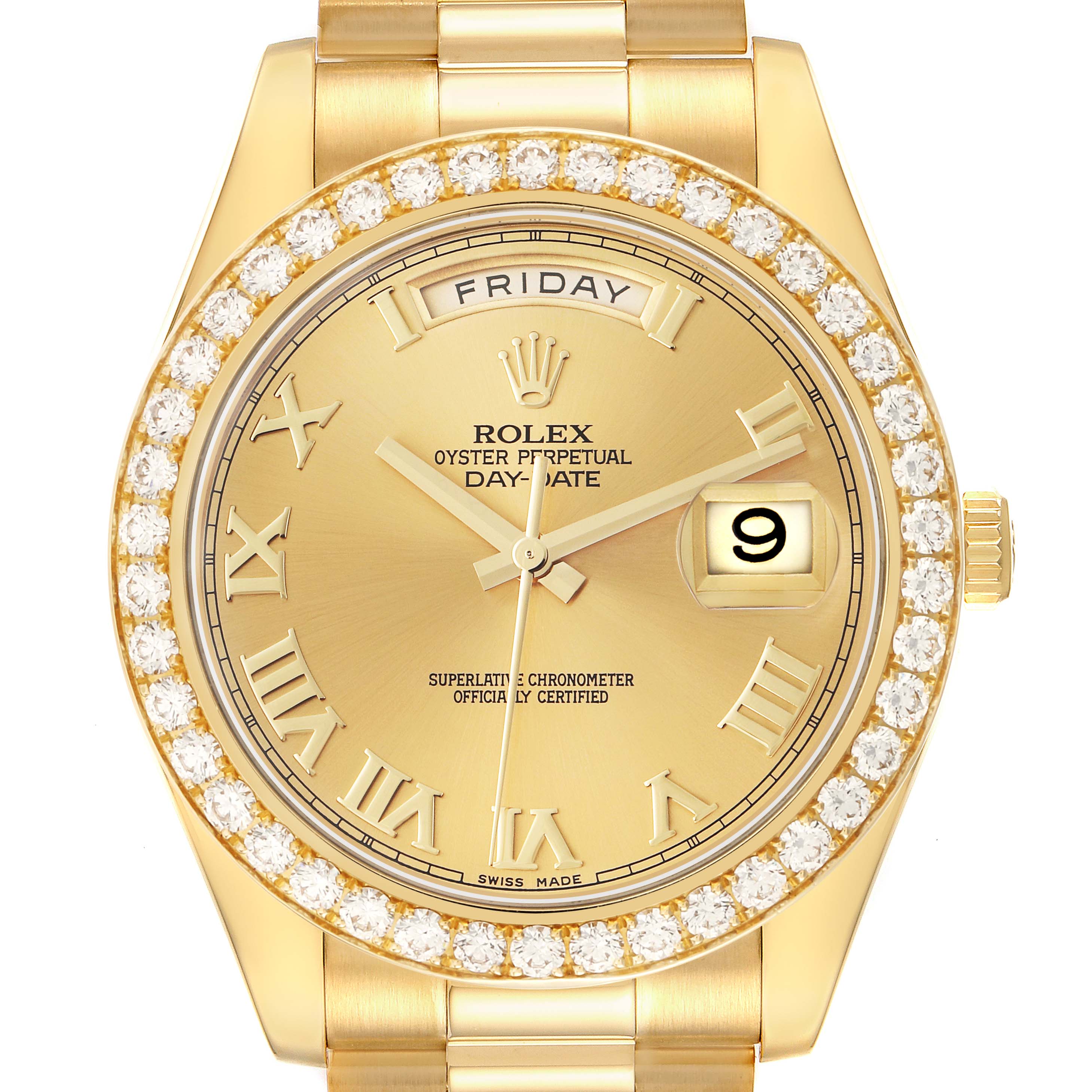 The Rolex President 218348 Men
s Yellow Gold Champagne Dial watch is shown from the front, highlighting the gold dial, diamond bezel, and day-date features.