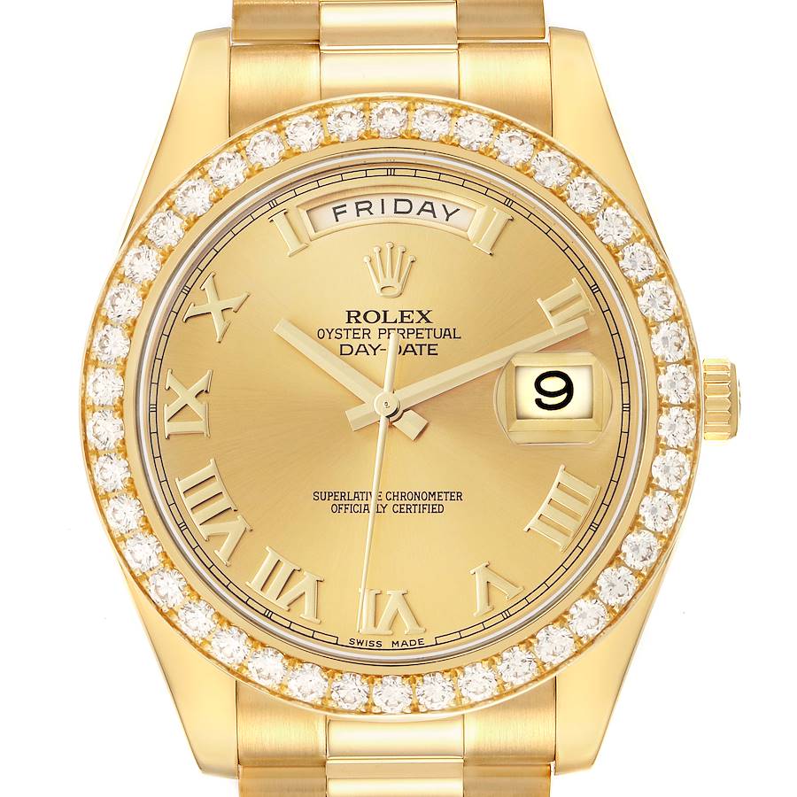 The Rolex President 218348 Men's Yellow Gold Champagne Dial watch is shown from the front, highlighting the gold dial, diamond bezel, and day-date features.