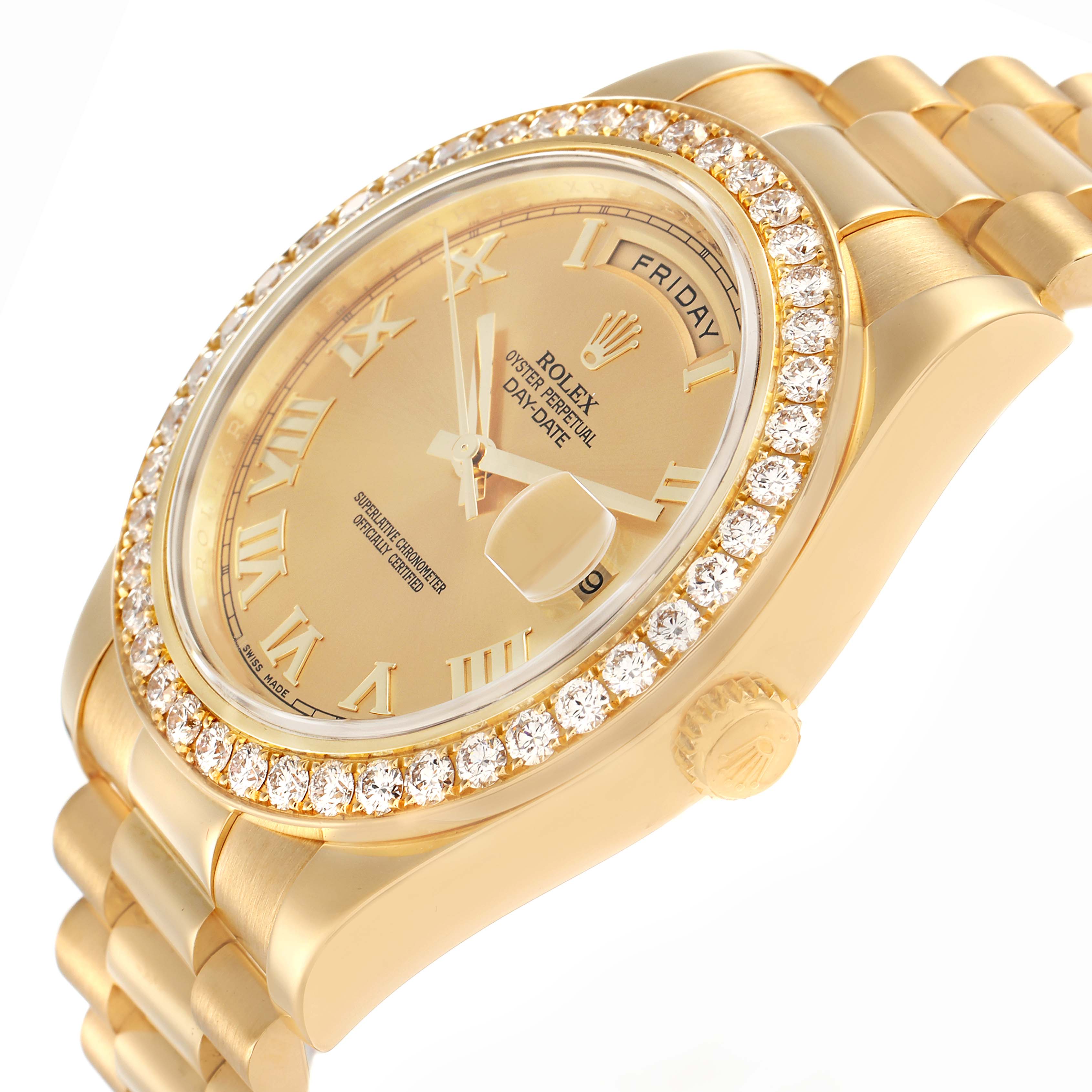 The Rolex President 218348 Men
s Yellow Gold Champagne Dial watch is shown at an angled close-up, featuring the bezel, dial, bracelet, crown, and day-date display.