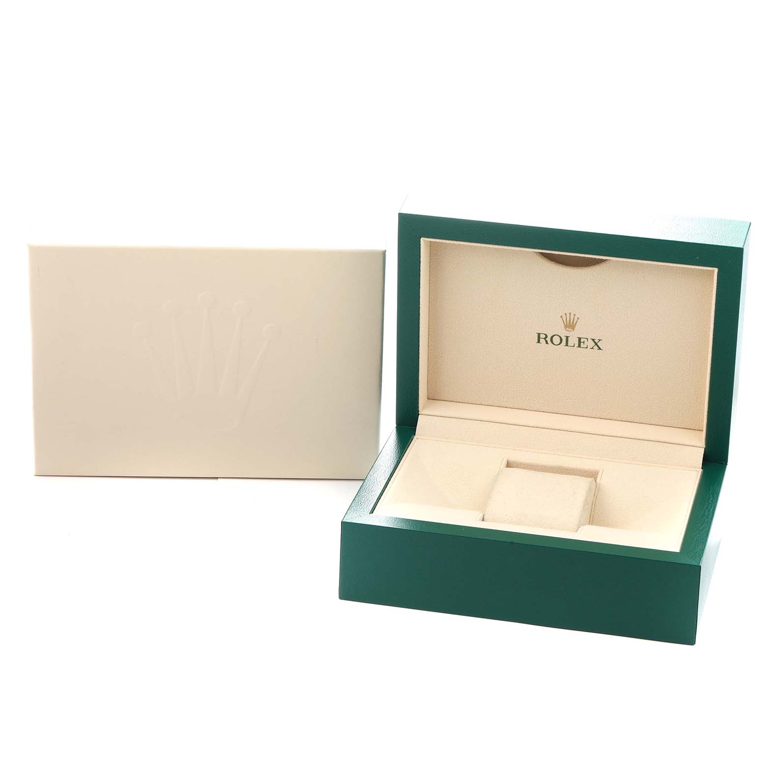The image shows a green and beige Rolex President 218348 Men
s Yellow Gold Champagne Dial watch box open, alongside its outer packaging.