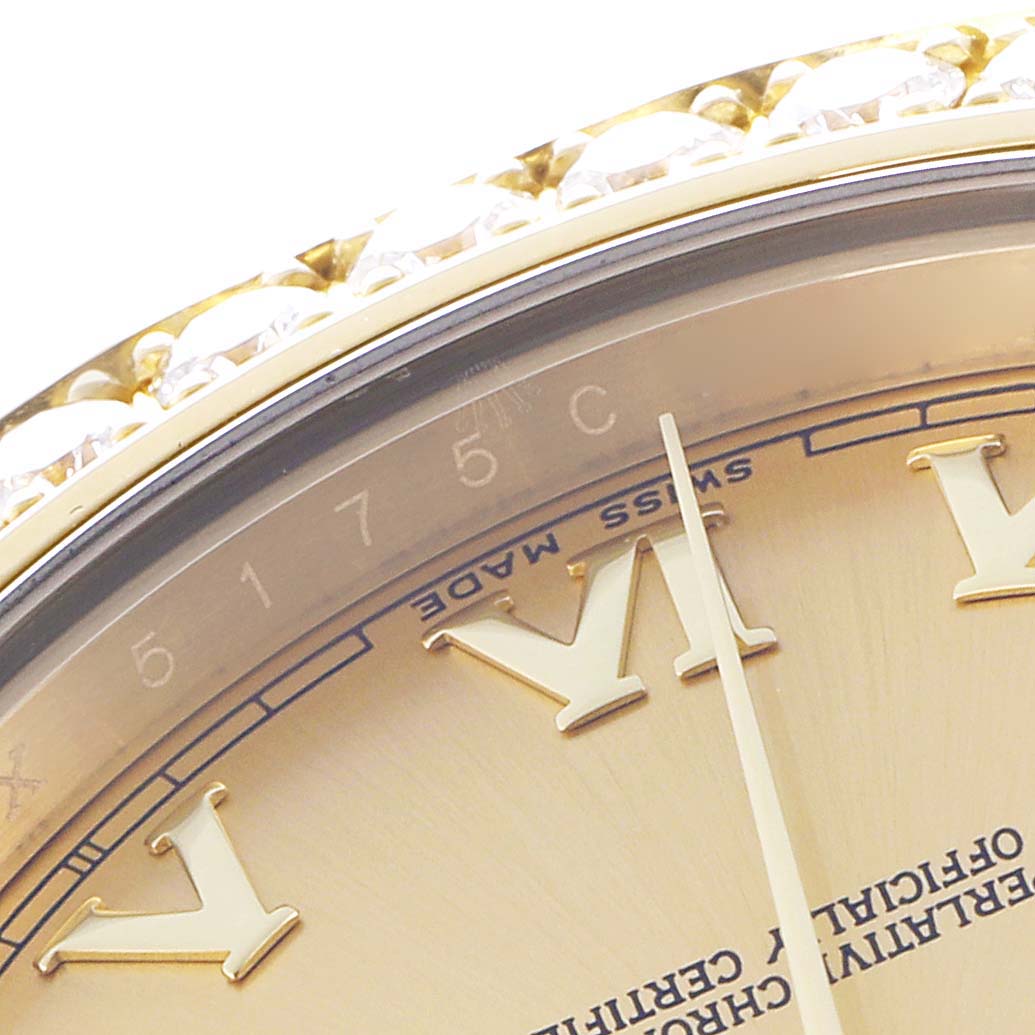 The image shows a close-up of the bezel and dial of a Rolex President 218348 Men
s Yellow Gold Champagne Dial model, highlighting Roman numerals and part of the second hand.