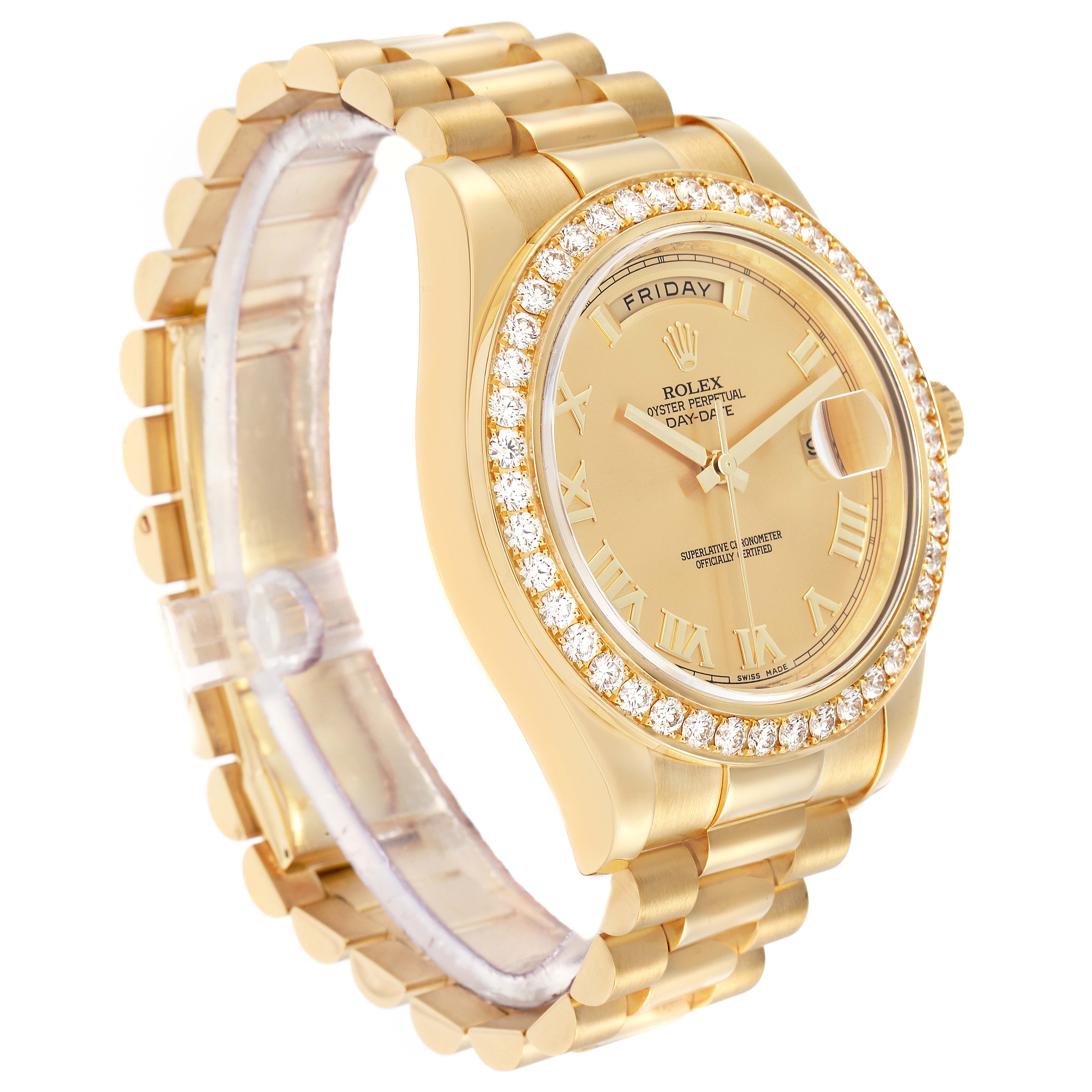 The image shows a Rolex President 218348 Men
s Yellow Gold Champagne Dial model at a three-quarter angle, highlighting the gold bracelet, diamond bezel, and dial.