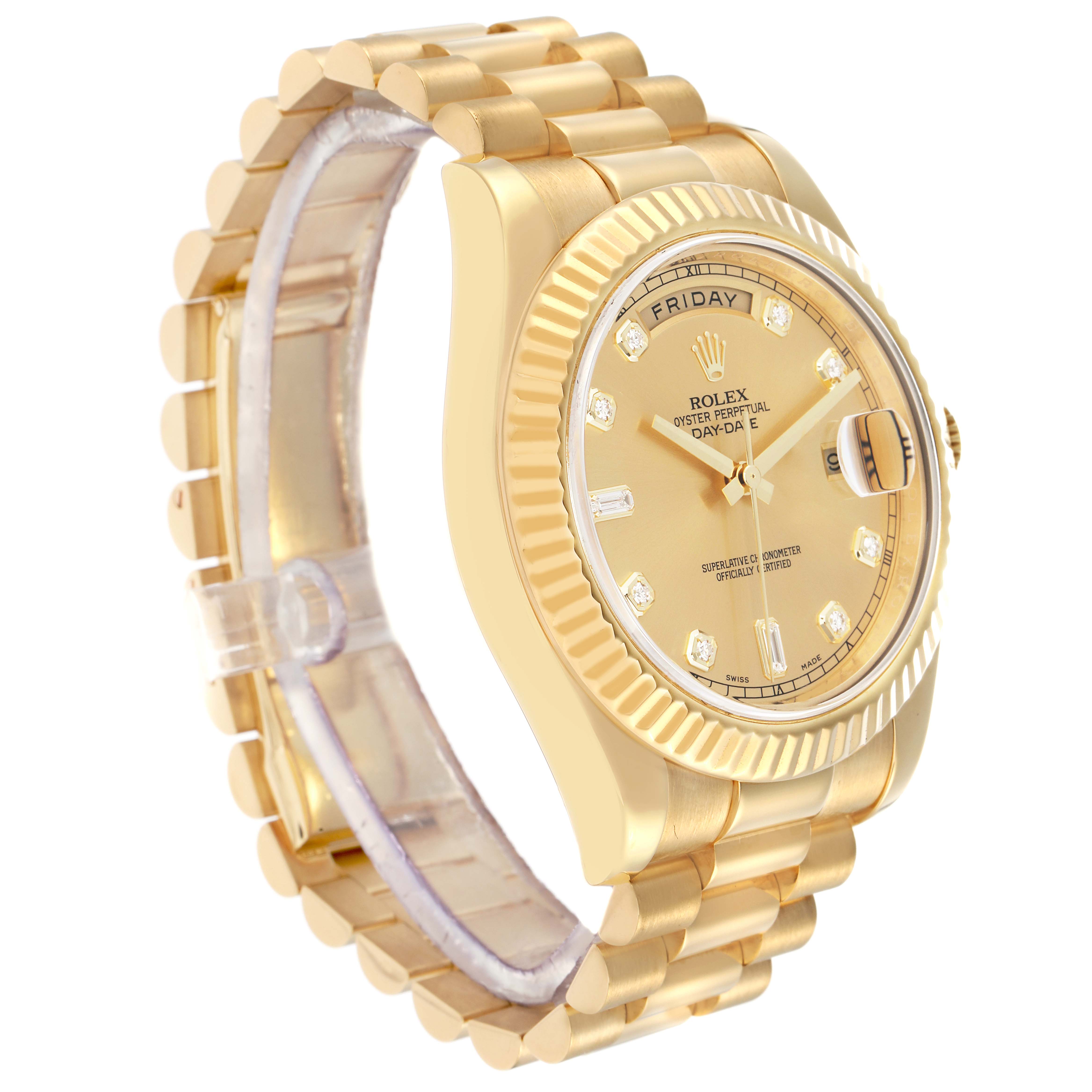 The image shows a Rolex Daytona 218238 Men
s Yellow Gold Champagne Dial watch at a three-quarter angle, highlighting the case, dial, bracelet, and fluted bezel.