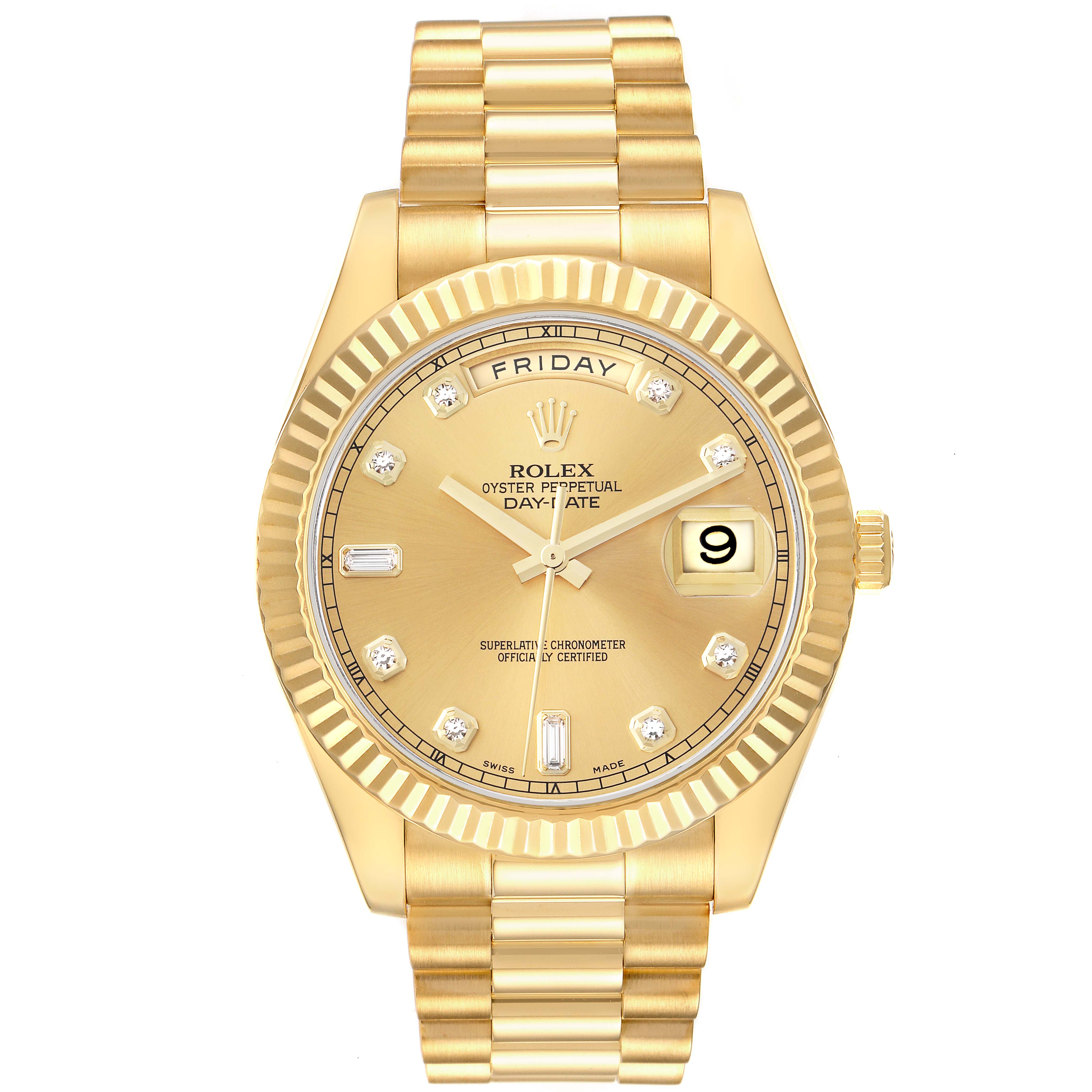 The image shows a front view of a gold Rolex watch with a fluted bezel and bracelet, not a Daytona model.