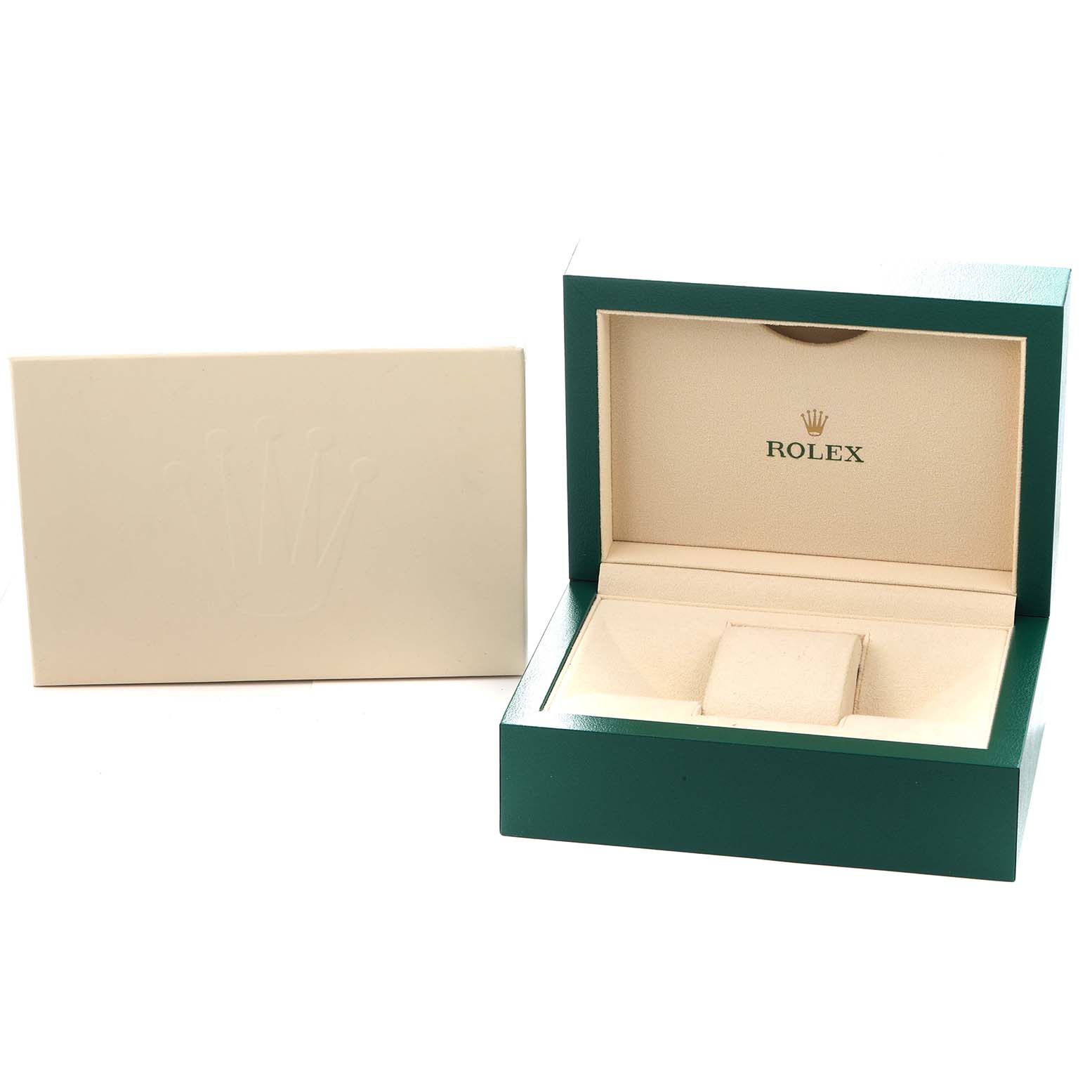 The image shows an empty Rolex Daytona 218238 Men
s Yellow Gold Champagne Dial watch box and an outer sleeve, viewed slightly from above.